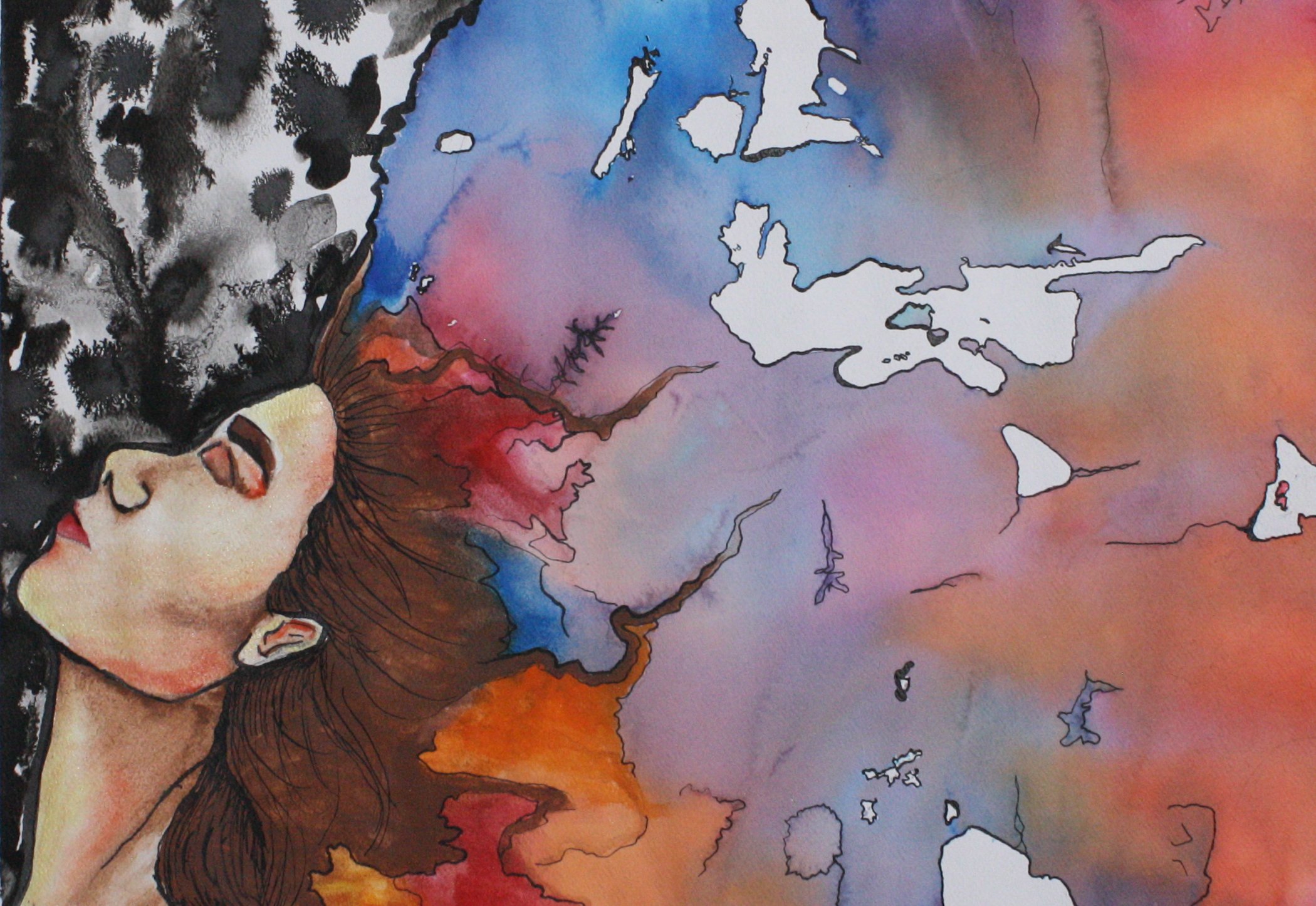 "Experiment" - bleedable tissue paper, watercolor, India ink, 15"x11"