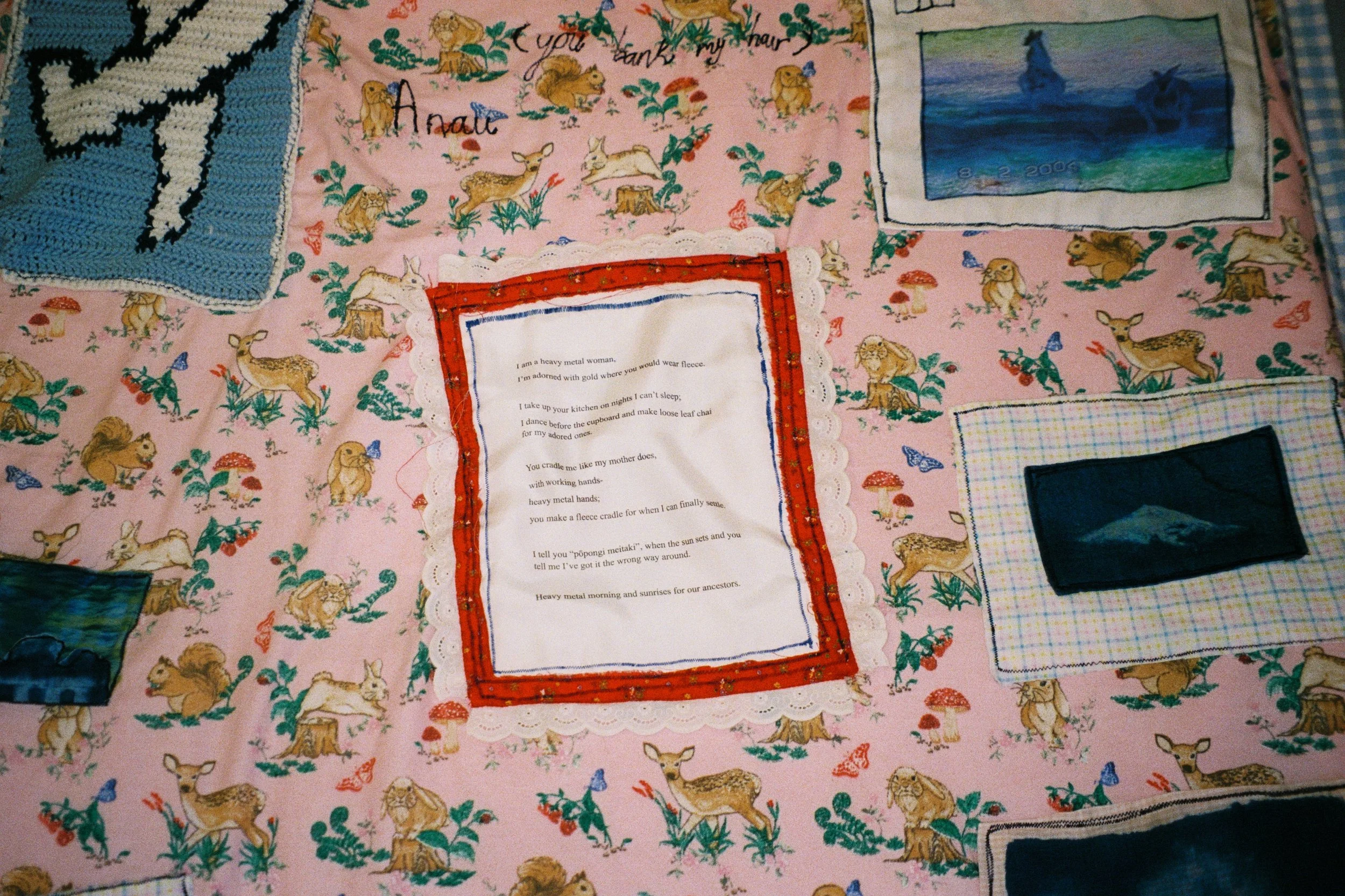 Pōpongi Meitaki (you bank my hair), 2025, fabric, thread, cyanotype, yarn, stuffing