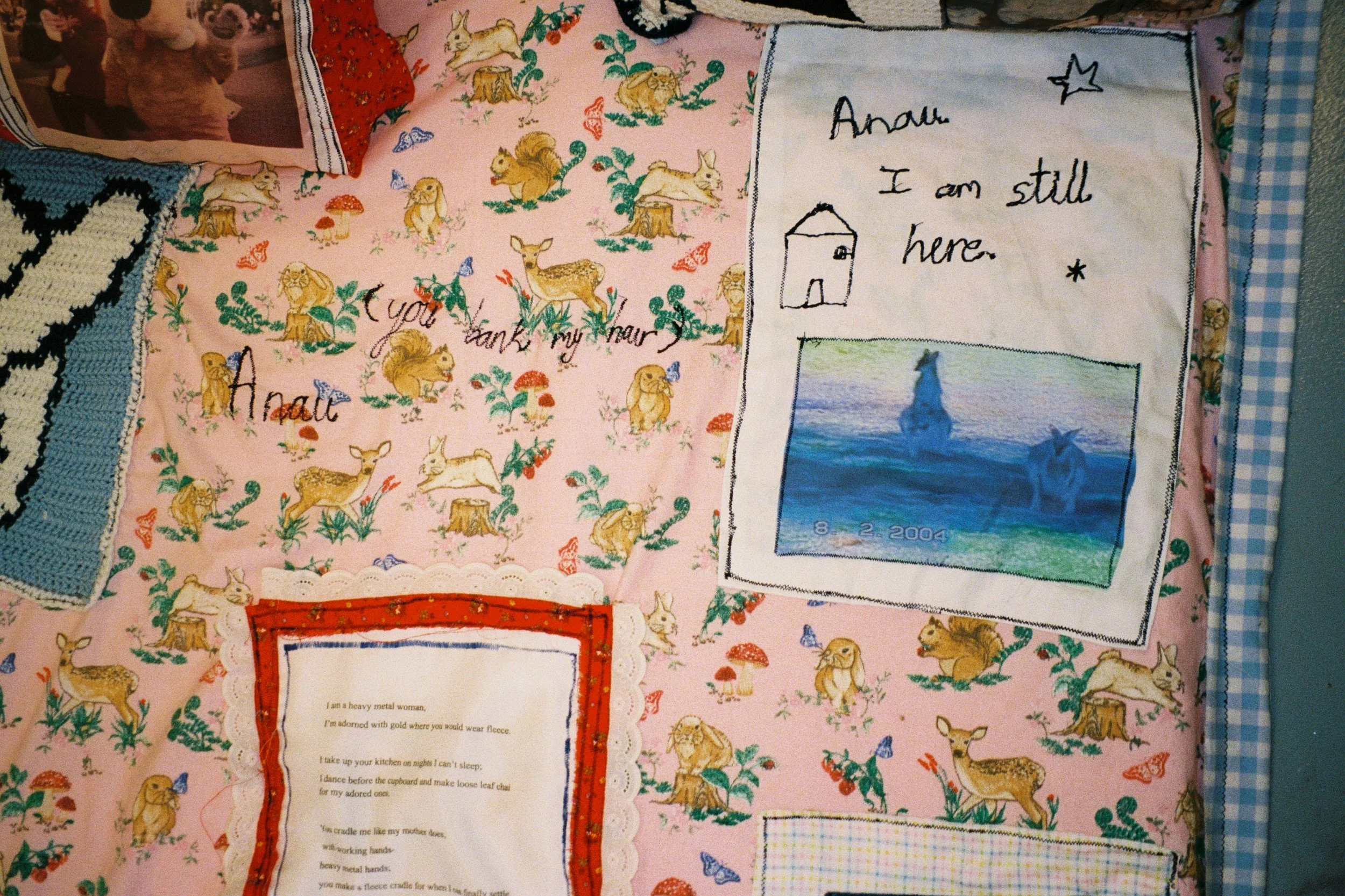 Pōpongi Meitaki (you bank my hair), 2025, fabric, thread, cyanotype, yarn, stuffing