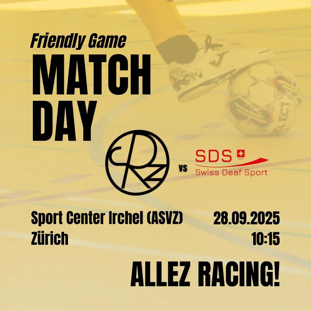 It's game time!

Das erste Testspiel dieser Saison findet am kommenden Sonntag statt. Wir begr&uuml;ssen das Herrenteam der @swissdeaffutsalmen am Vormittag auf dem Sportzentrum Irchel.

Allez, Racing! 🔥

#AllezRacing #RacingClubZurich #RCZ #GoBanan