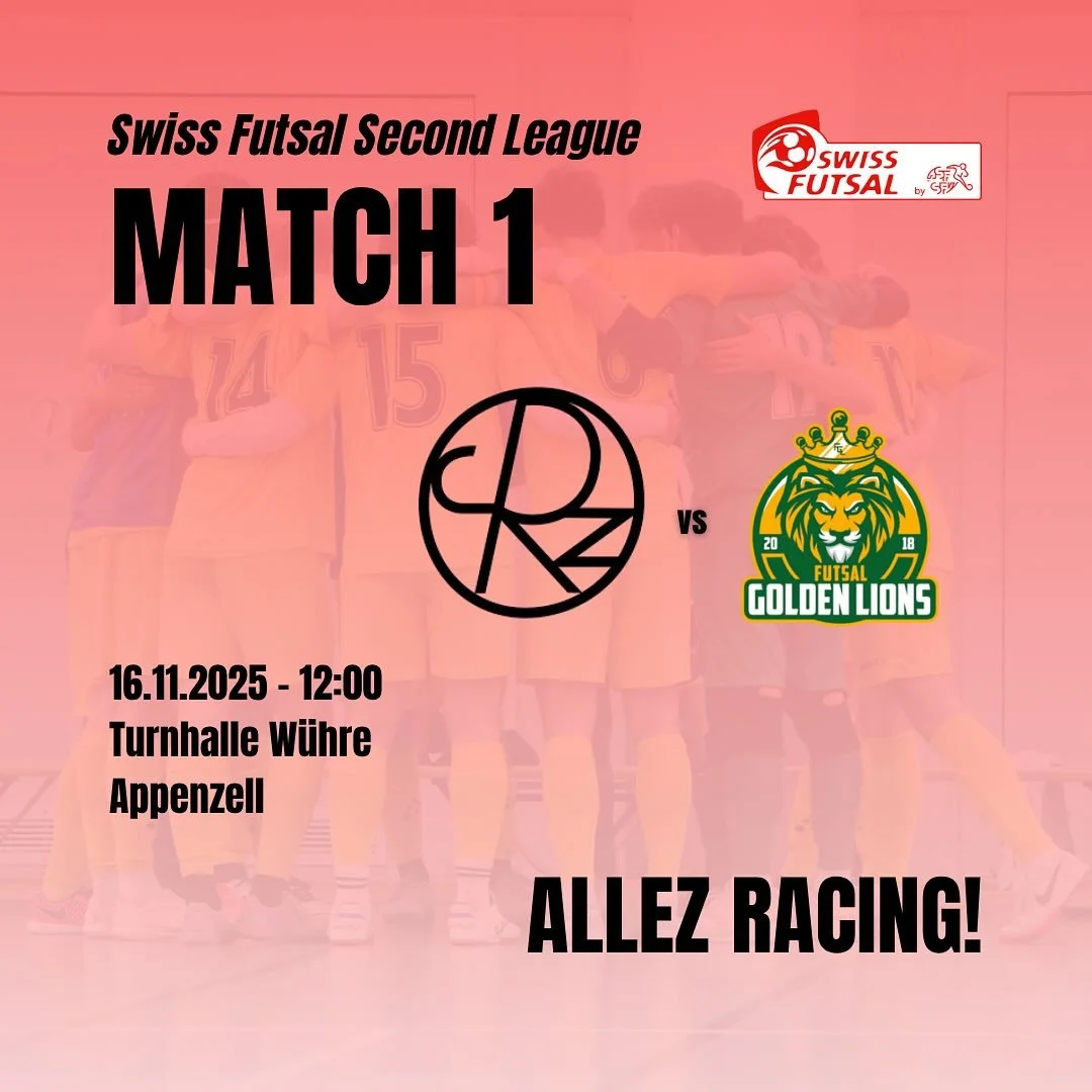 Die neue Saison geht los! 💪

Am kommenden Sonntag d&uuml;rfen unsere Racer die #SwissFutsalSecondLeague er&ouml;ffnen. Im ersten Spiel treffen wir im Appenzellerland auf das Team des @futsalgoldenlions .

Nach der Umstrukturierung der Liga haben wir