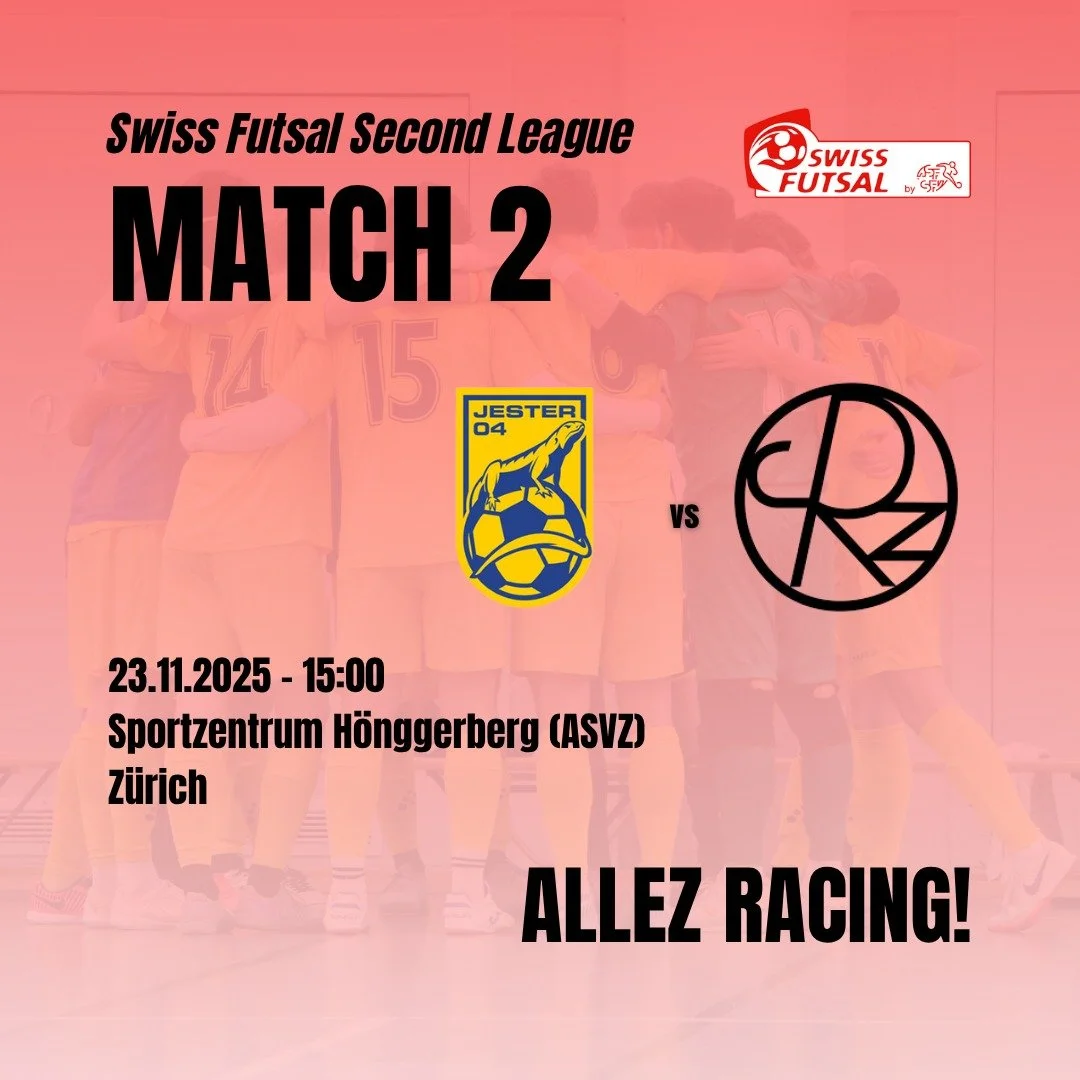 Die zweite Runde steht an! 🔥

Am kommenden Sonntag treten die Racer im heimischen H&ouml;nggerberg gegen die Mannschaft des @jester_04_baden an. Es ist die n&auml;chste Gelegenheit, um die ersten Punkte in der #SwissFutsalSecondLeague einzufahren 🙌