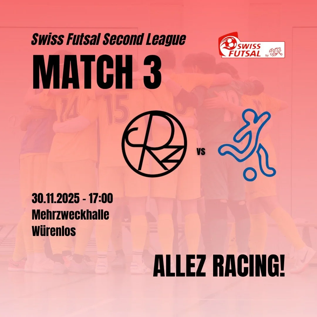 Das n&auml;chste Spiel steht an! 👏

Am kommenden Sonntag reisen die Racer nach W&uuml;renlos, wo sie den Spieltag abschliessen mit dem Spiel gegen @thebluesfc_futsal .

Noch ist der Kader etwas dezimiert. Der Sieg im letzten Spiel hat dennoch gezeig