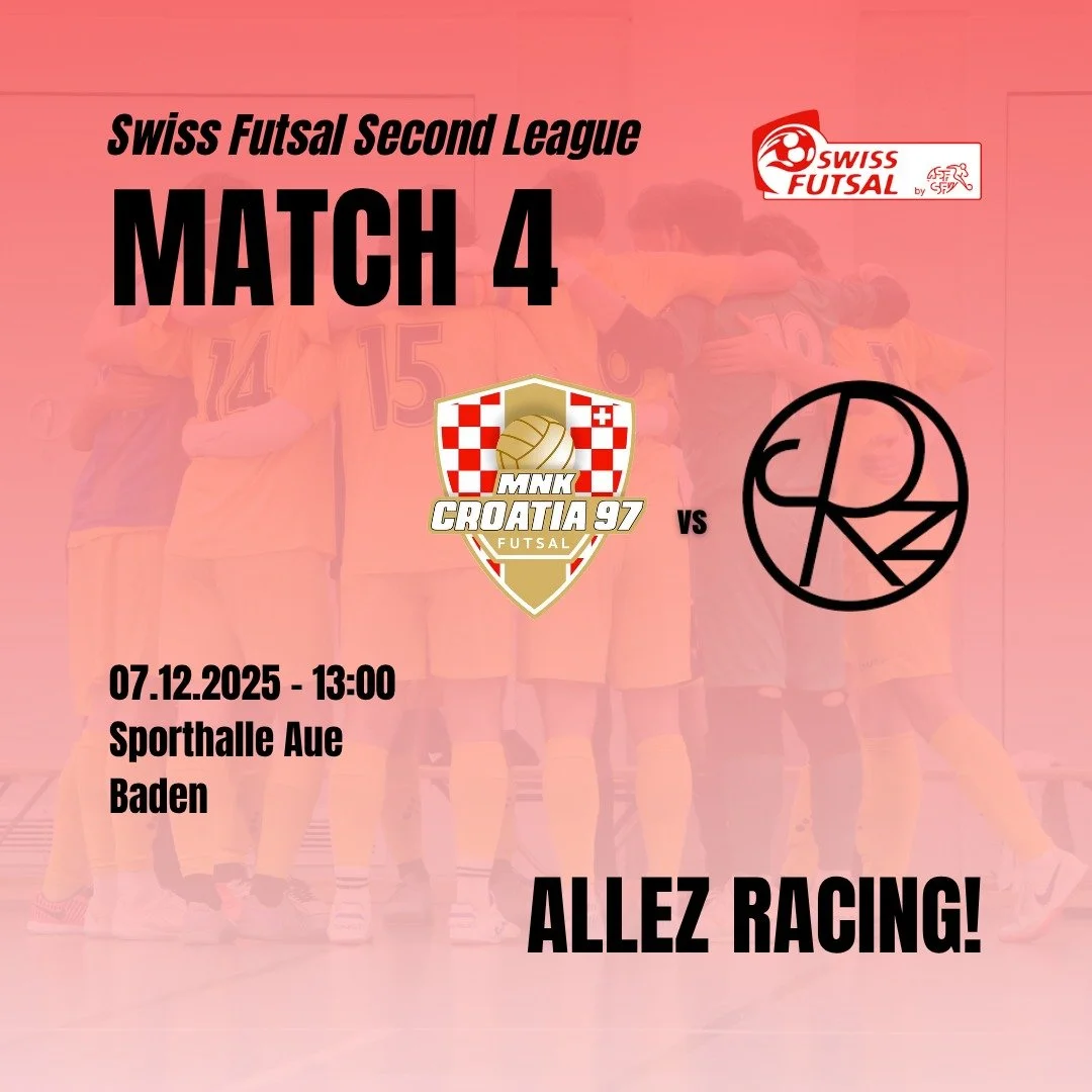 Duell um die Tabellenf&uuml;hrung! 🔥

Im letzten Spiel des Jahres f&uuml;r die Racer tritt unser Team gegen die Auswahl von @mnkcroatia97 an. Beide Teams f&uuml;hren aktuell die Tabelle der Gruppe 3 in der #SwissFutsalSecondLeague 👏

Nach den letzt
