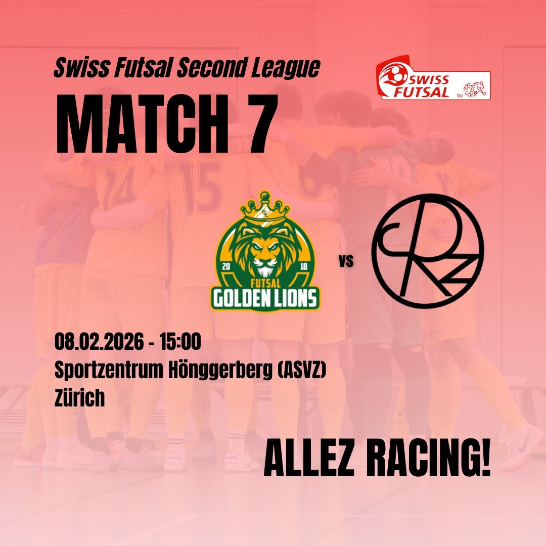 Spitzenkampf am Heimspieltag 🔥

Zum Auftakt der R&uuml;ckrunde empfangen die Racer den Tabellenleader @futsalgoldenlions aus Weinfelden. Das Spiel findet auf dem heimischen H&ouml;nggerberg statt 🏟

Nur ein Punkt trennt die Teams. Bei diesem Spiel 