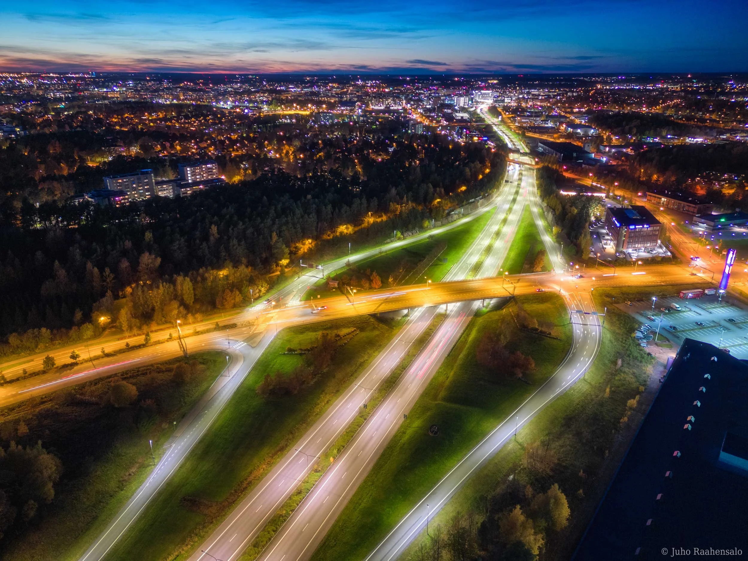 Drone photo of highway to the city of Turku in the evening