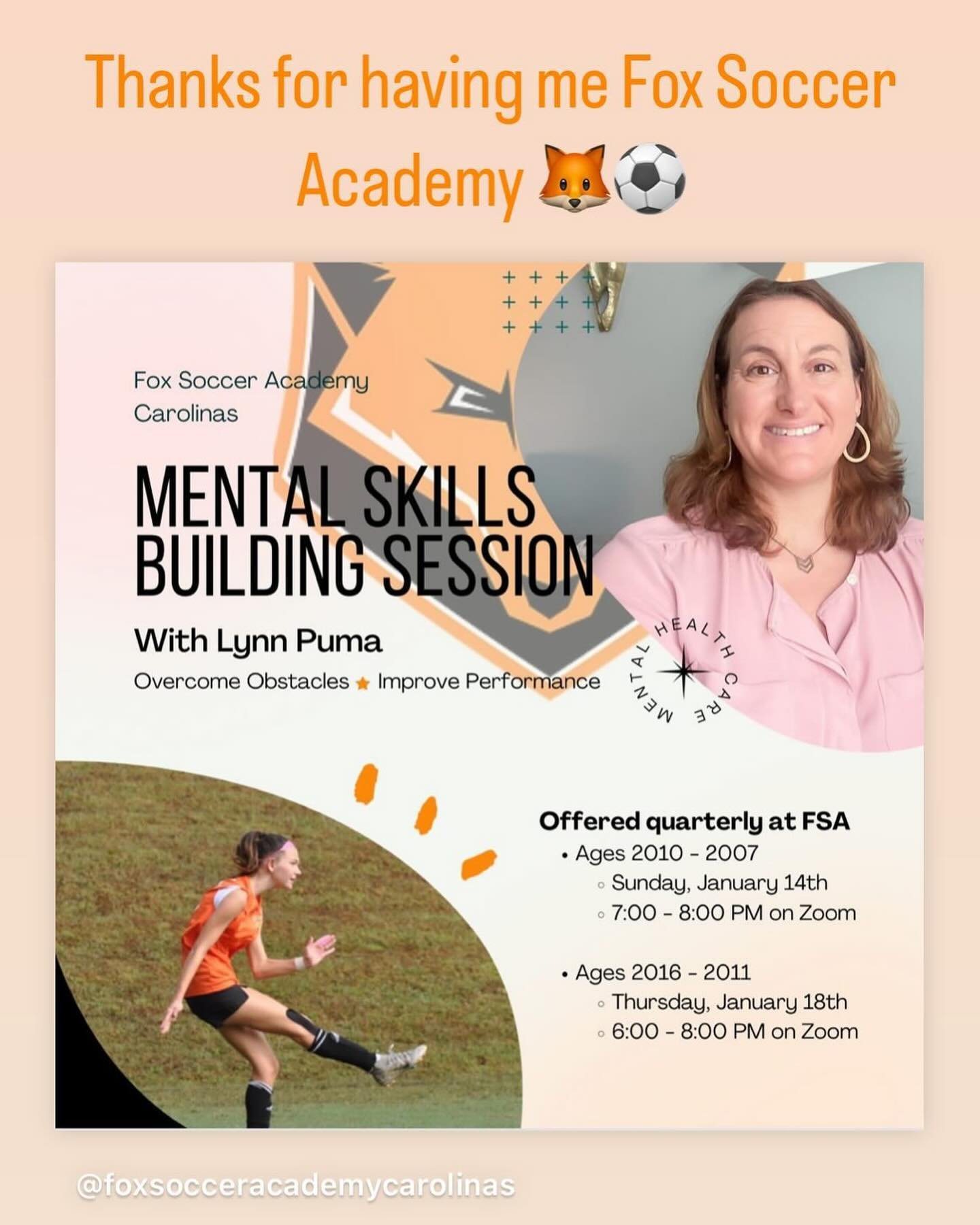 Thank you so much for having me Fox Soccer Academy. Even with the technical difficulties we had a great mental skills building session with the older players last night. I am looking forward to Thursday&rsquo;s session with younger players and parent