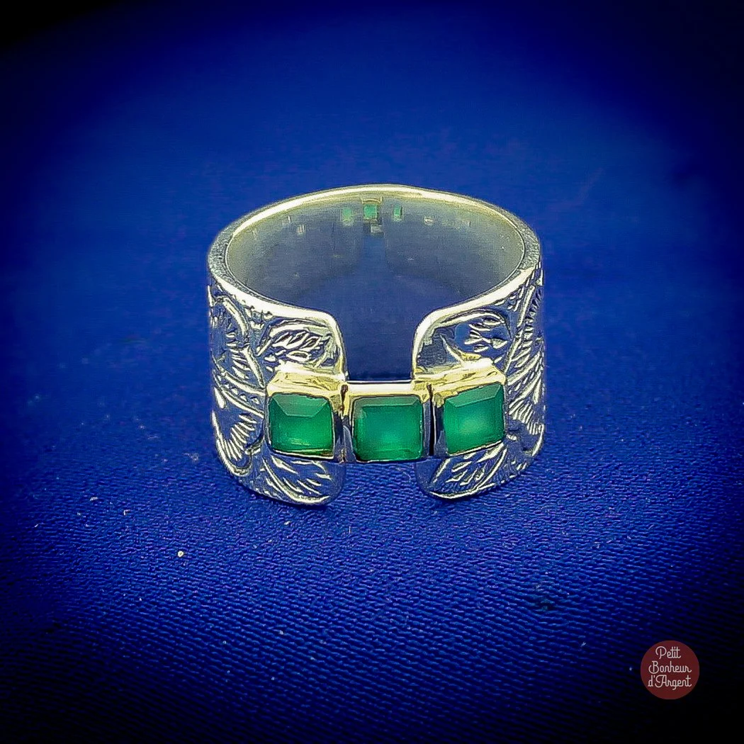 Bague Argent Vieilli et Onyx Vert