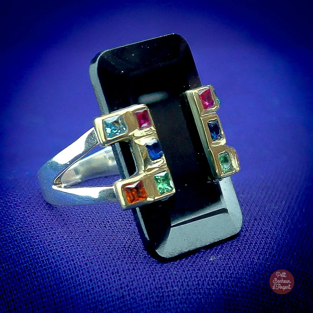 Bague Canyon Argent Bronze avec Onyx Noir et Oxydes Colorés