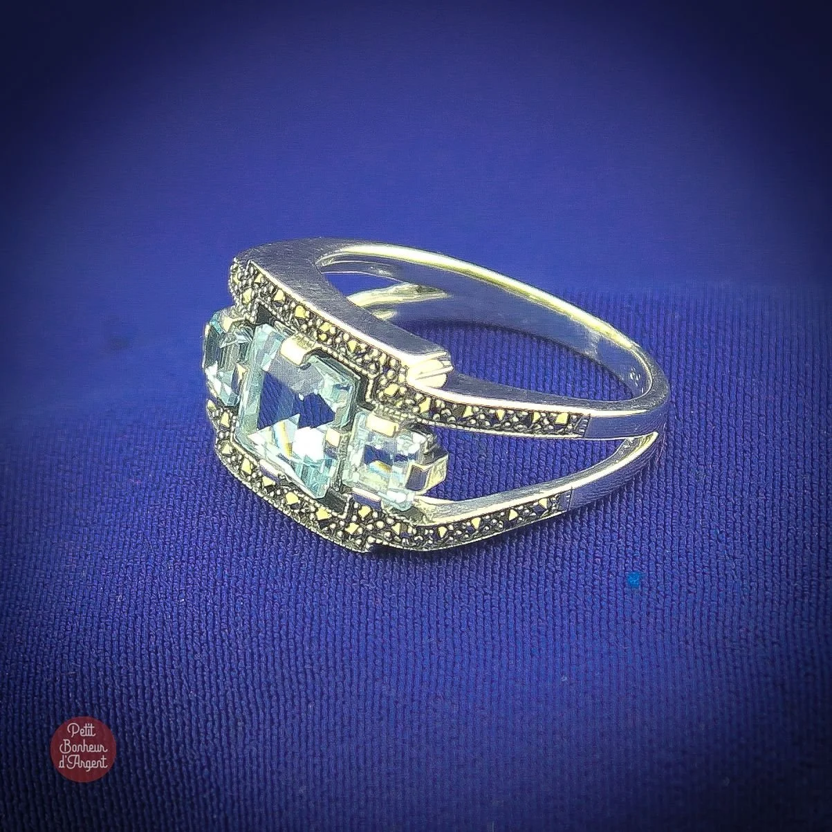 Bague Tank Années 20 Argent et Topaze Bleue