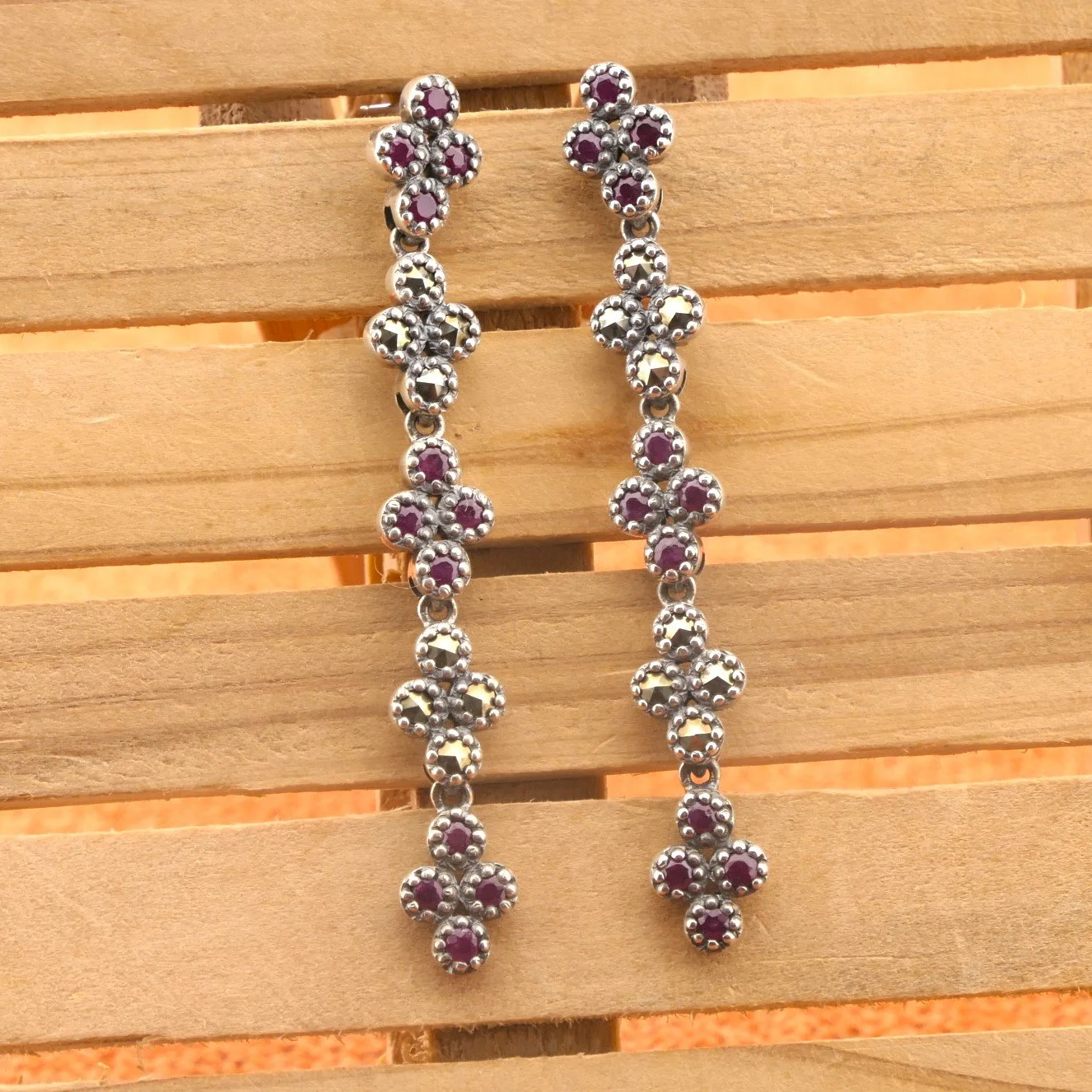 Boucles d'oreilles Années 20 en Argent et Rubis