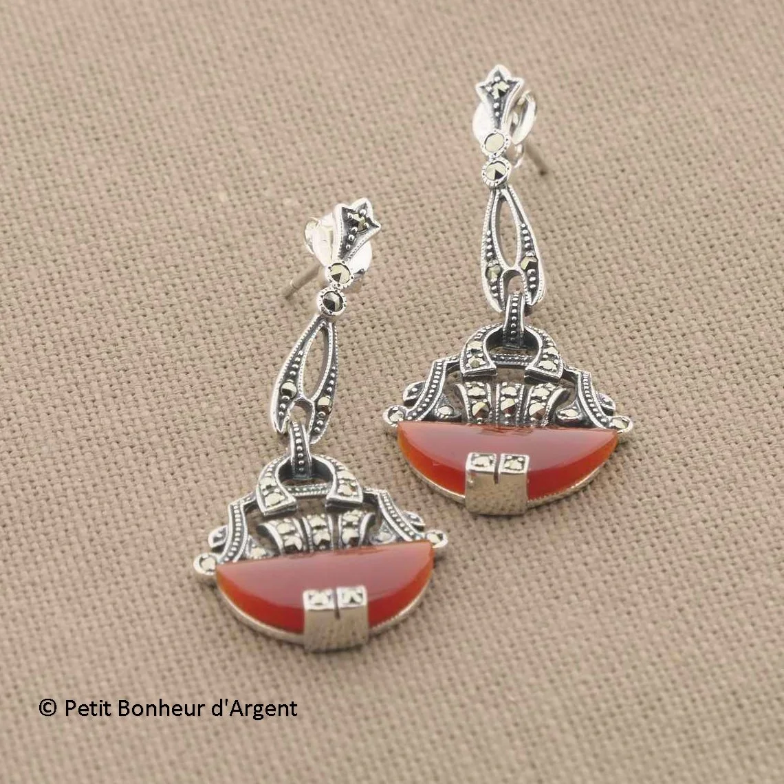 Boucles d'Oreilles Metrop Années 20 en Argent avec Cornaline et Marcassites