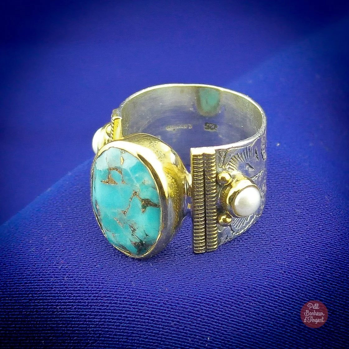 Bague Somptueuse en Argent avec Turquoise reconstituée et Perles
