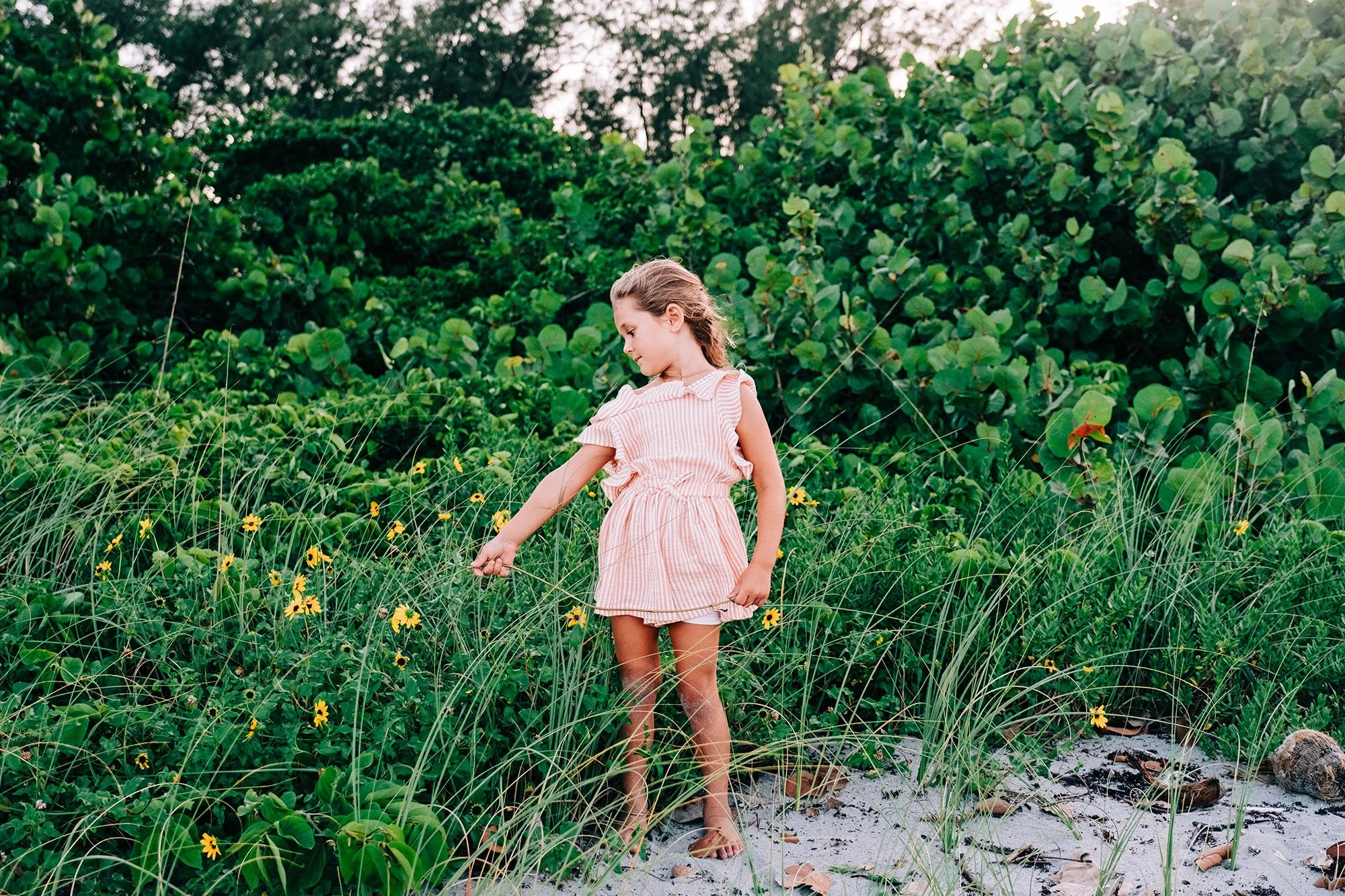 Little girl looks at flowers during a family photo session in Jupiter Florida