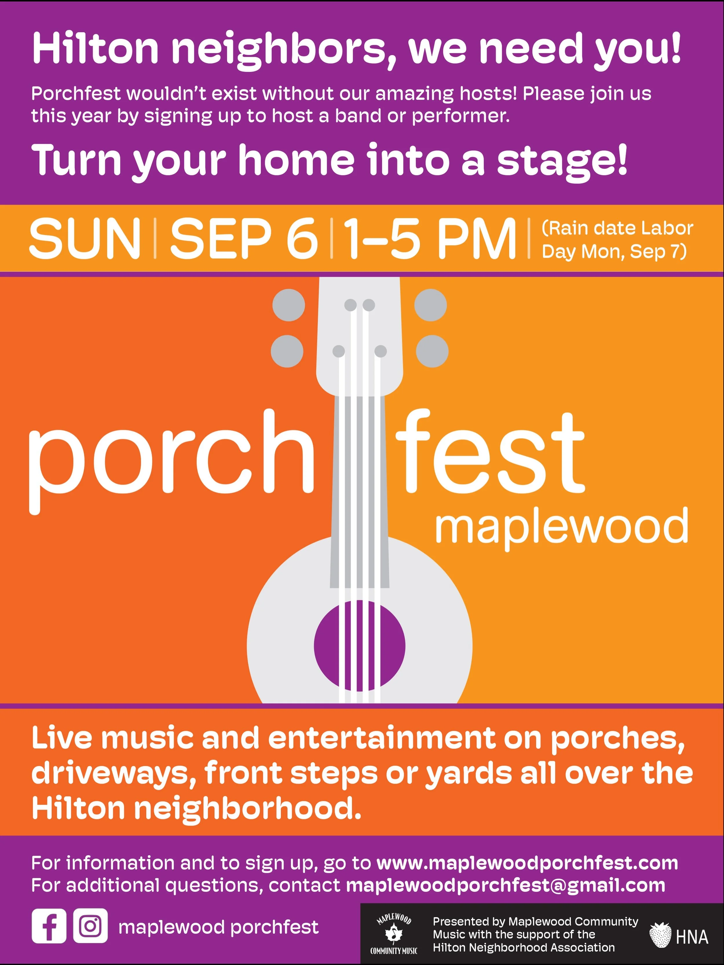 🏡 CALLING ALL HILTON NEIGHBORS! 🏡

🚨 SIGN UPS CLOSING SOON 🚨 

Let&rsquo;s be honest: Maplewood Porchfest would just be "Streetfest" without our incredible hosts! 🎸✨

We are looking for a few more awesome community members to lend thei