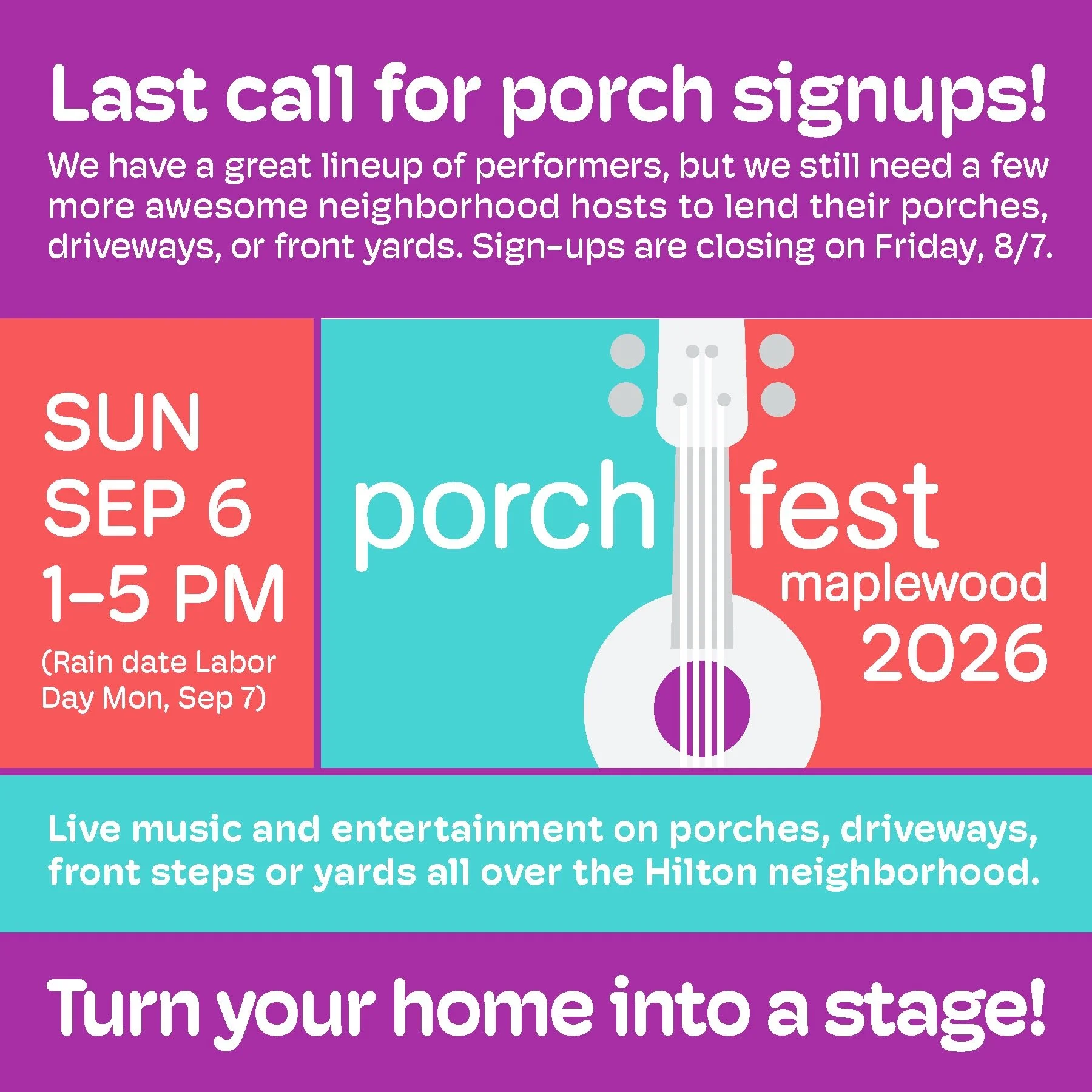 ⏳ Clock&rsquo;s ticking! Porch sign-ups are closing on FRIDAY! ⏳

Performers are locked in, but we still need a few more awesome hosts to to lend their porches, driveways, or front yards to complete the neighborhood map!&nbsp;

We especially need por
