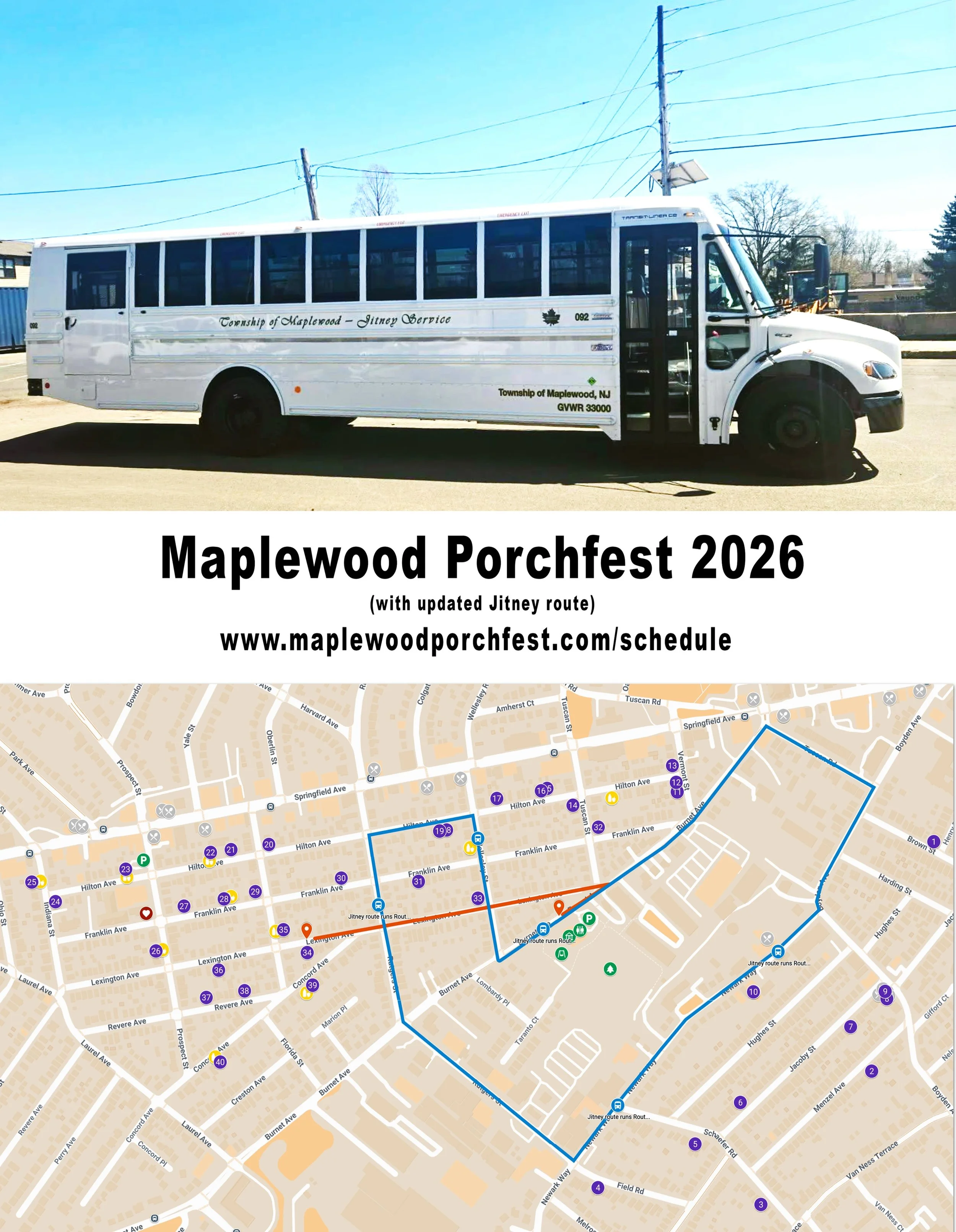 🚌 THE JITNEY IS BACK for MAPLEWOOD PORCHFEST! 🎉

Skip the parking stress and catch a ride through the Hilton neighborhood! 🎸🏠 We&rsquo;ve got 78 amazing bands rocking out across 40 porches, and the Jitney will be running a continuous loop all aft