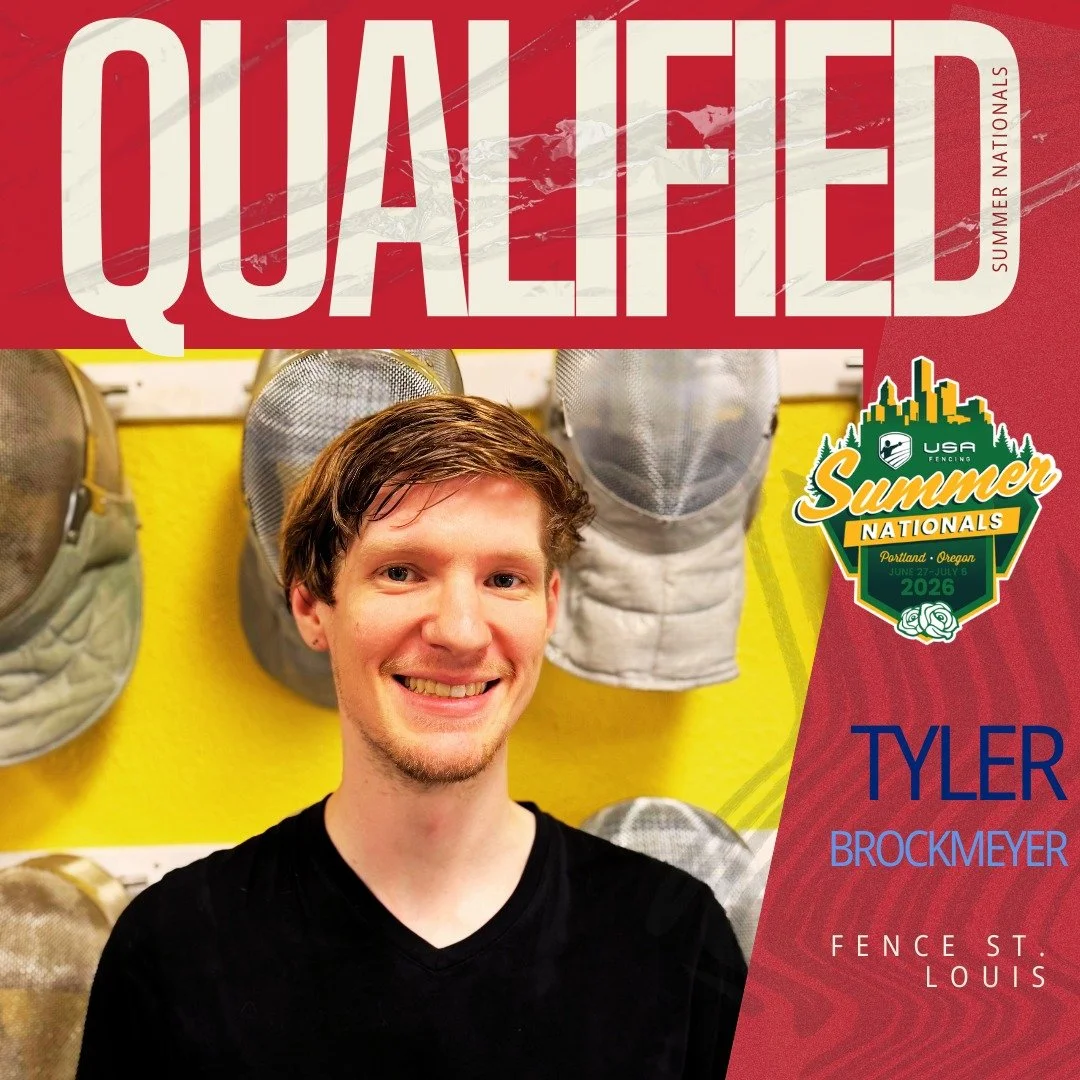 Up now - Tyler! Tyler is no stranger to national events, but this will be his first one since earning his C2026. Last year Tyler did phenomenal in the Division III Men's Saber at Summer Nationals in Milwaukee, WI, and was one point away from medaling