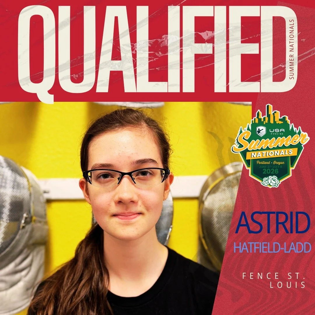 Our second to last fencer going to Summer Nationals is Astrid!

This will be Astrid's very first national event. Astrid has been working hard and attending tournaments all season. Her favorite thing about fencing saber is that there's a logical progr