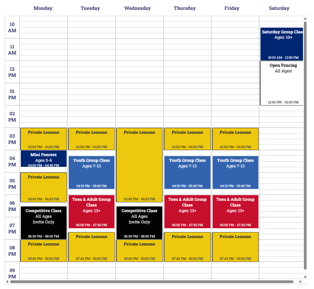 Weekly schedule with various classes and lessons, including private lessons, youth group classes, teen and adult group classes, open fencing, and group classes.