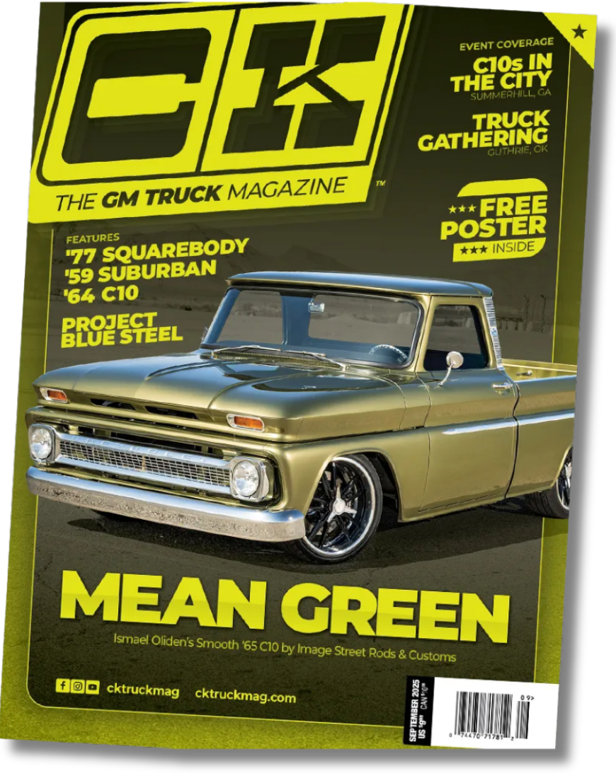 Cover of GM Truck Magazine featuring a green vintage pickup truck with custom wheels and lowered stance. The magazine includes headlines about truck events and features.