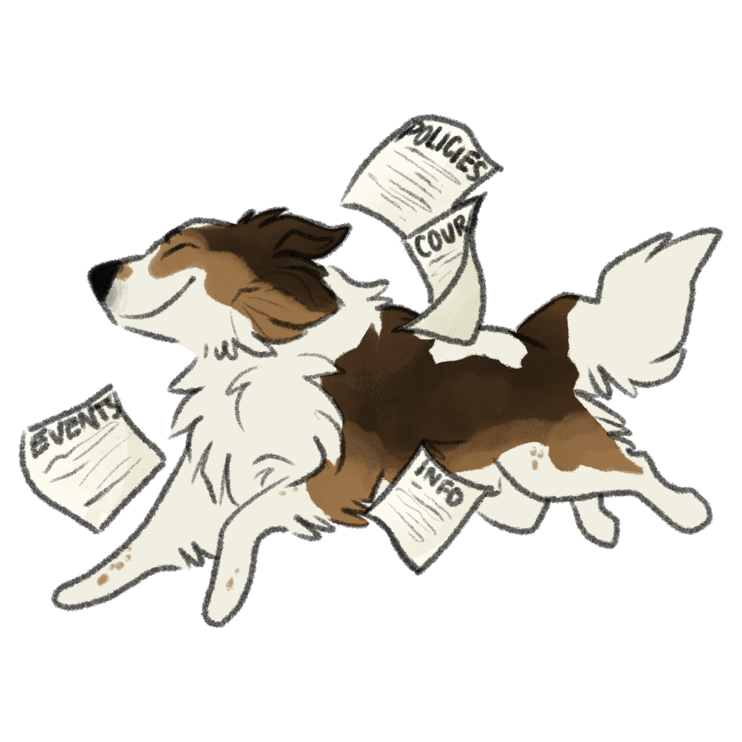 A happy, smiling dog with brown and white fur, surrounded by scattered papers labeled 'EVENT', 'CURES', 'INFO', and 'BILLS'.