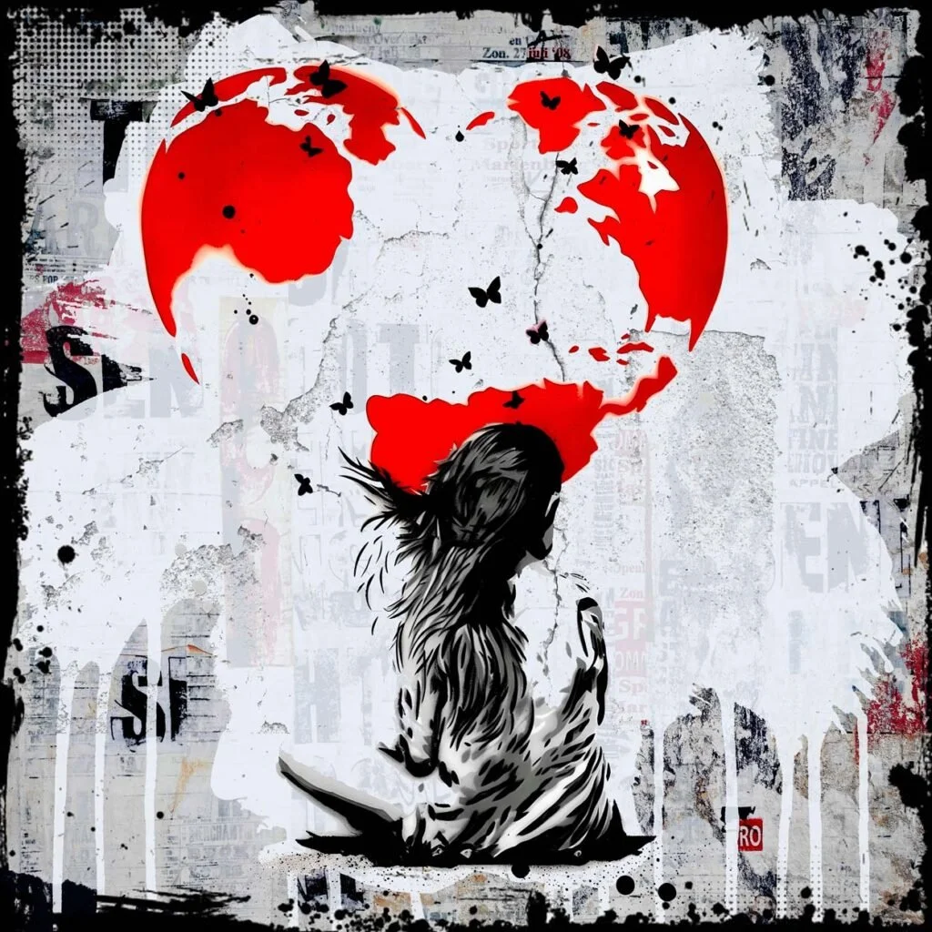Tribute to Mr. B - Love Heart, Mixed Media mit Epoxidharz, 50 x 50 cm