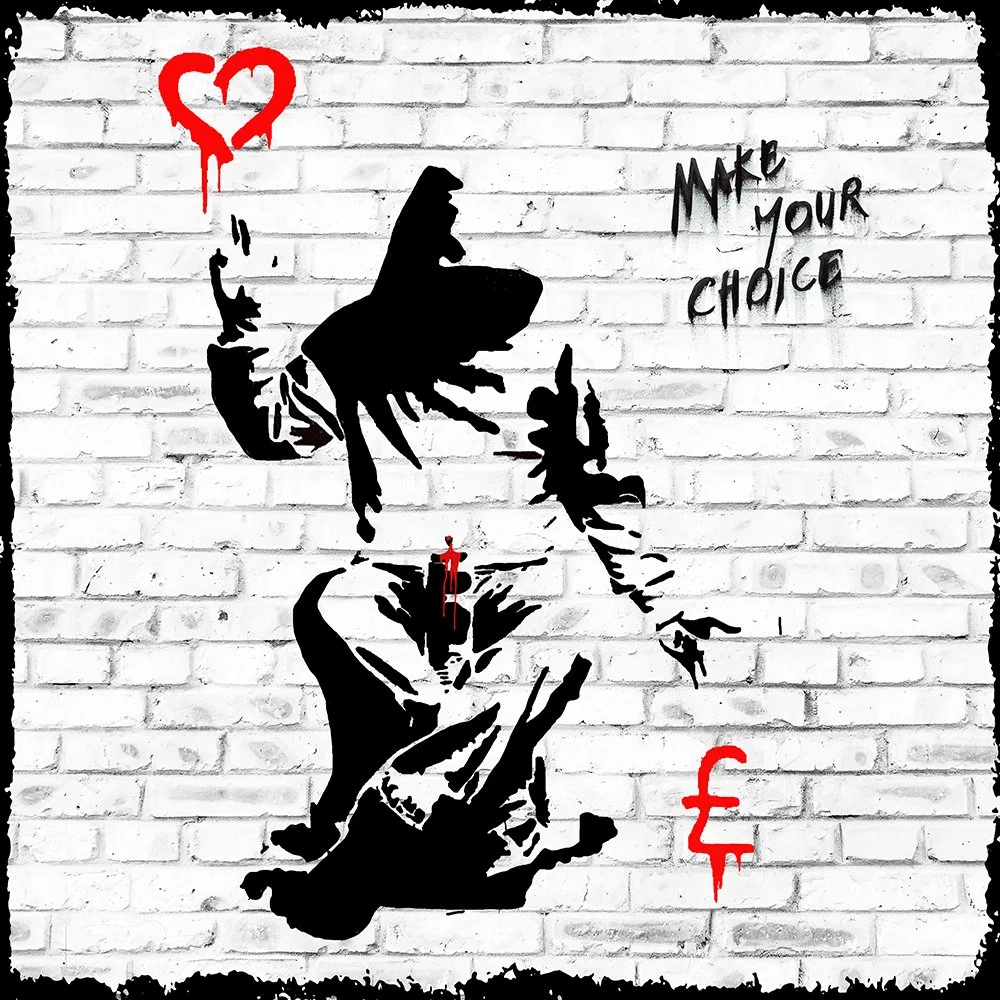 Tribute to Mr. B - Make your choice, Mixed Media mit Epoxidharz, 100 x 100 cm