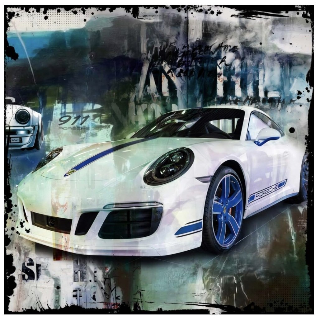 White Speed 911 II, Mixed Media mit Epoxidharz, 100 x 100 cm
