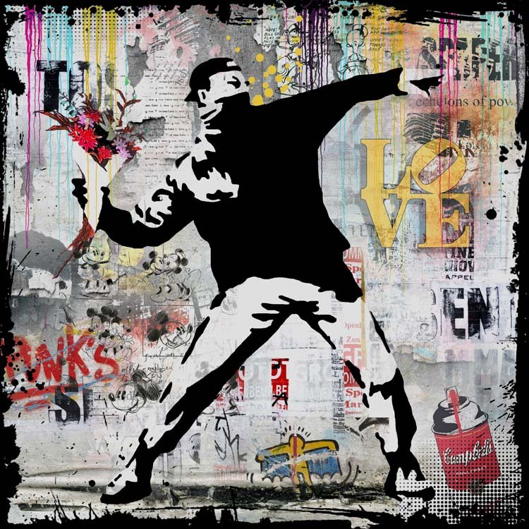 Tribute to Mr. B - Flower Thrower, Mixed Media mit Epoxidharz, 100 x 100 cm