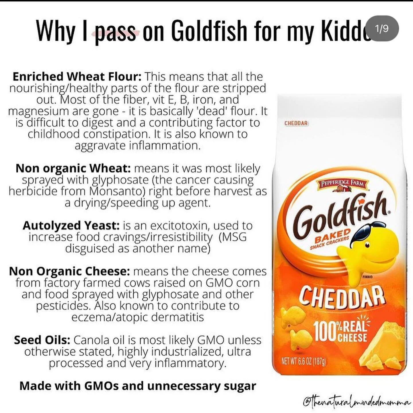 Reposting from  @thenaturalmindedmomma. I had only half the research done on goldfish - this post was just so spot on 🙌🏼Besides, Pepperidge Farm has had lawsuits against them for not disclosing all the ingredients in their products. 🙅🏻&zwj;♀️🙅🏻
