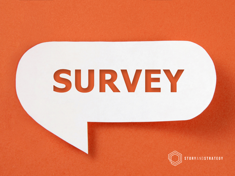 White speech bubble with the word 'SURVEY' in bold brown letters on an orange background. The logo 'STORY AND STRATEGY' is in the bottom right corner.