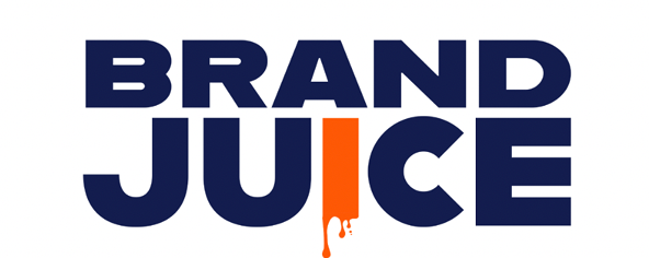 The words 'Brand Juice' in bold capital letters with the letter 'I' in 'Juice' stylized as an orange juice bottle pouring juice.