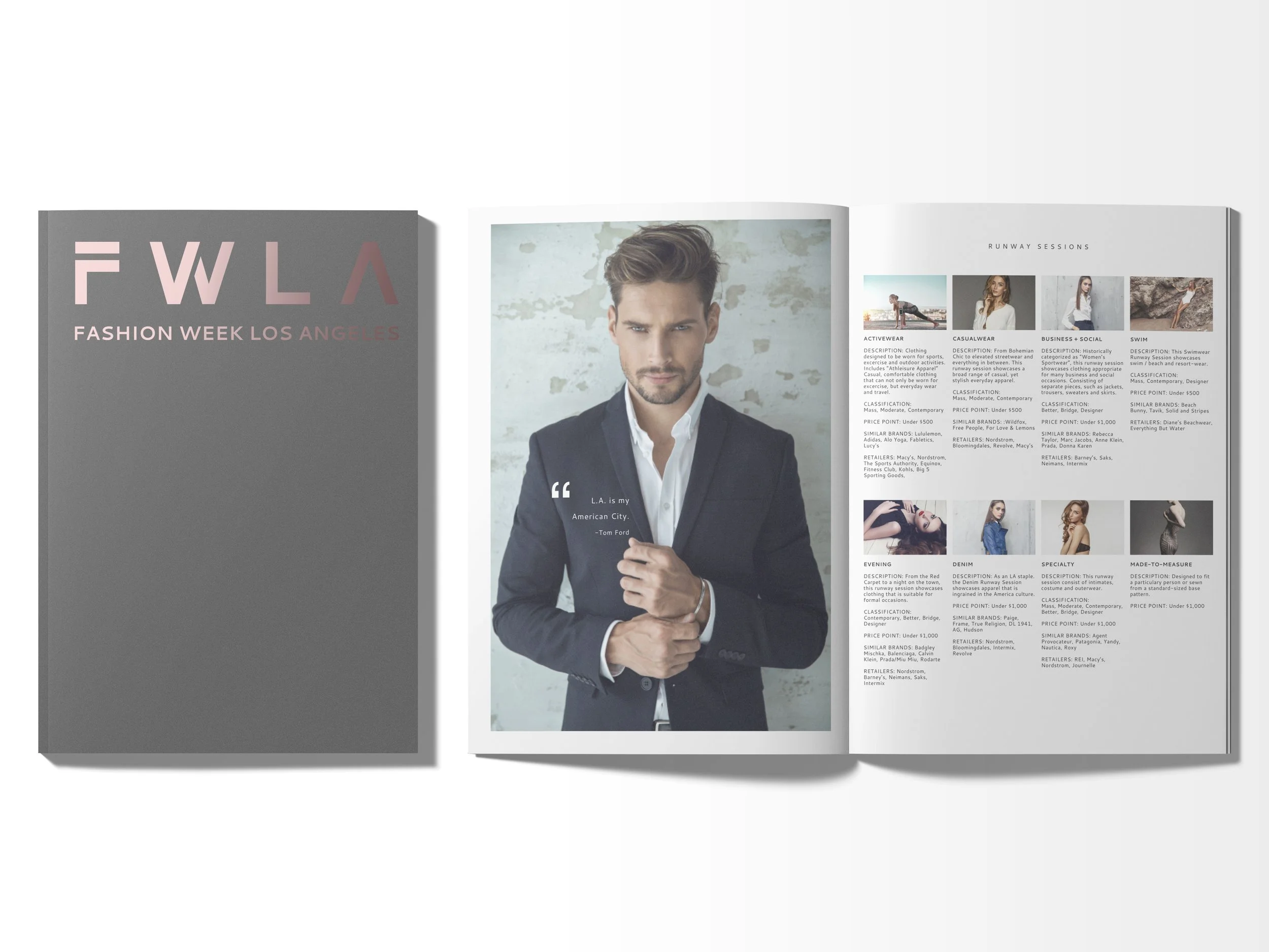 Open magazine spread featuring a male model in a suit on the left page and pages on fashion week runway sessions with various model photos and descriptions on the right.