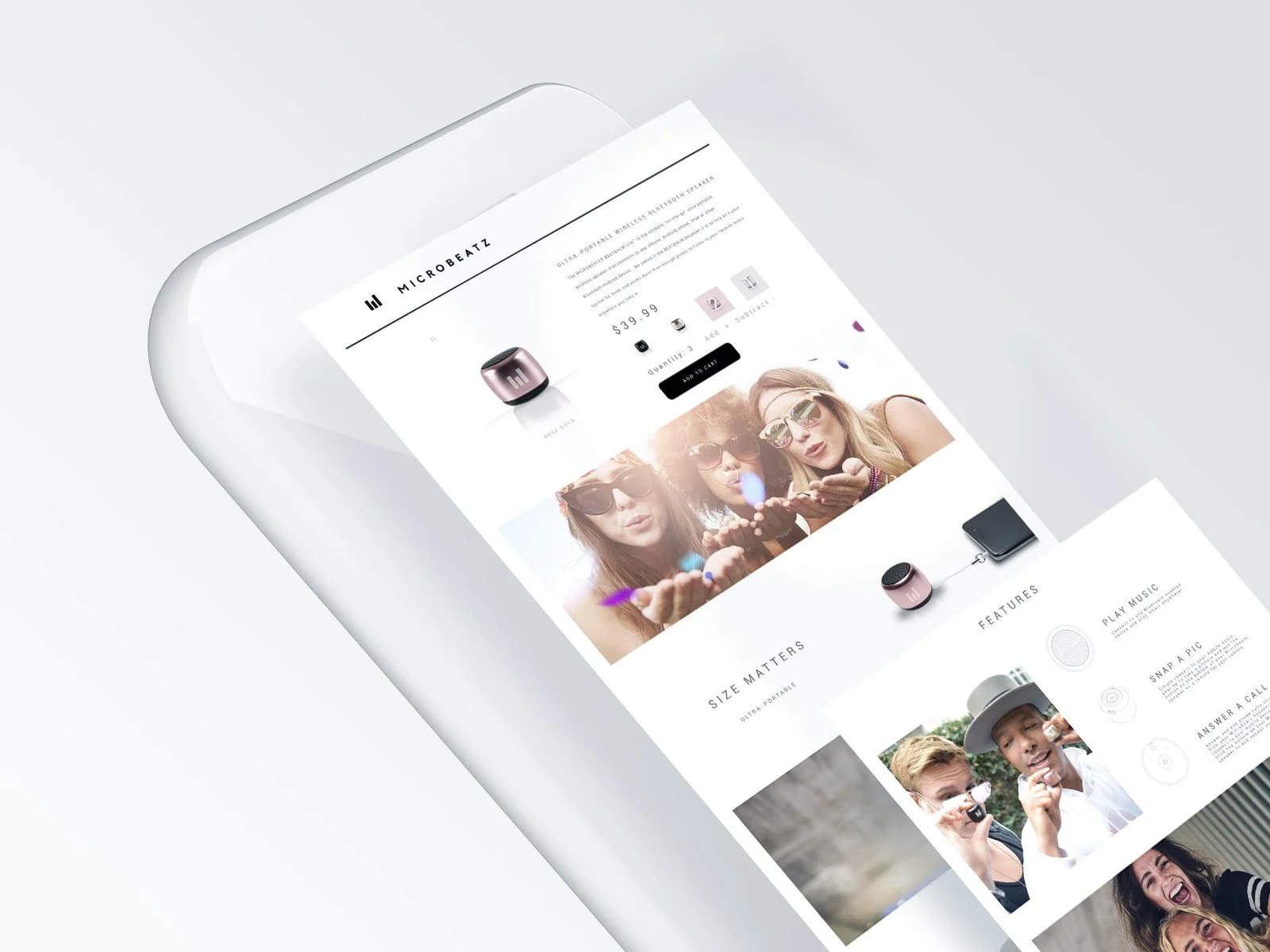 E-commerce webpage displaying a portable Bluetooth speaker called MICROBEATZ, priced at $39.99, with images of young women blowing confetti and boys holding the speaker, highlighting features like play music, snap a pic, and answer a call.