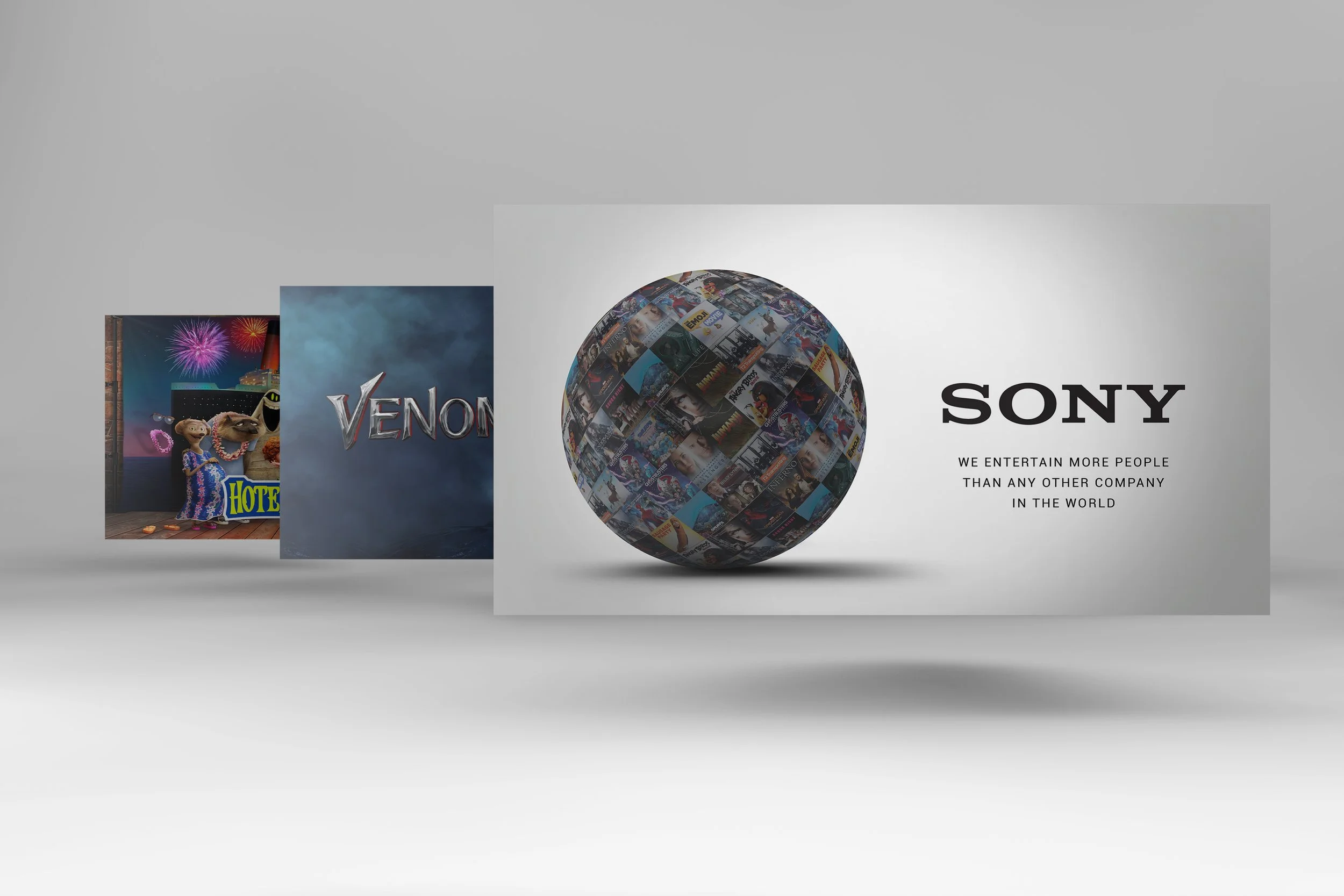 A digital display featuring various movie posters, including 'Venom,' and the Sony logo with the tagline 'We entertain more people than any other company in the world.'
