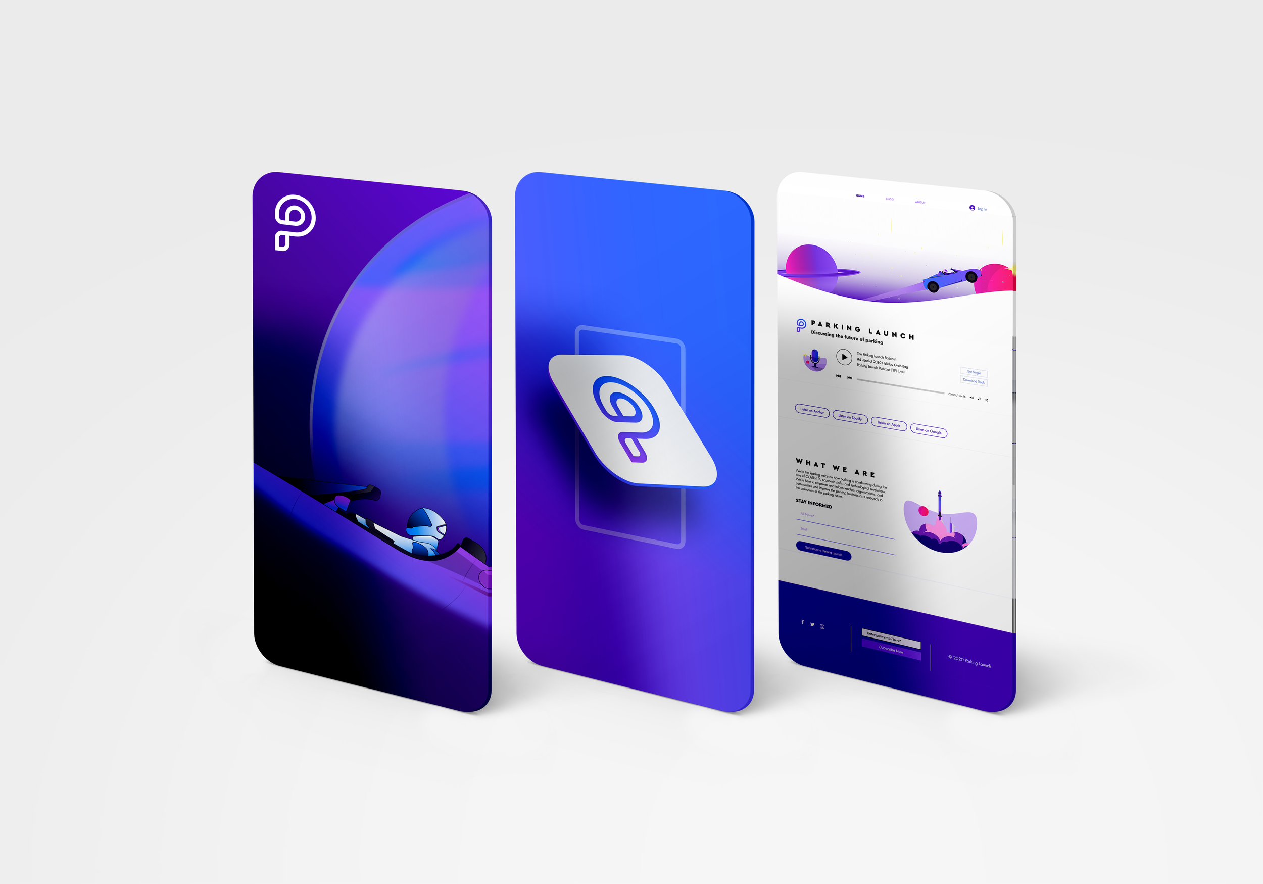 Three digital screens displaying a futuristic app interface with a purple and blue logo, sleek design, and a space-themed webpage.