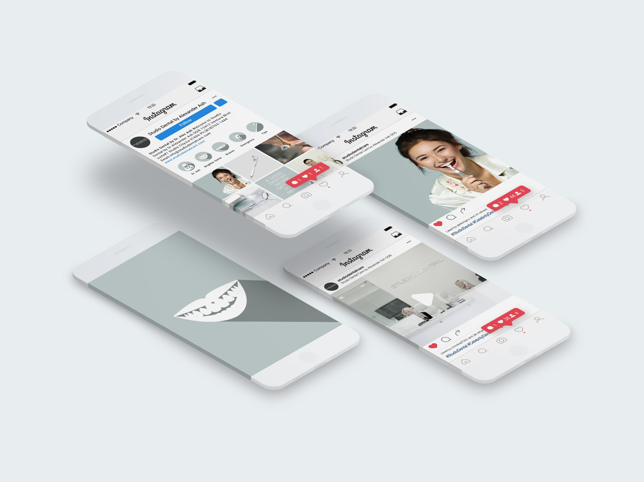 Multiple white smartphones displaying Instagram app screens, with one showing a smiling woman brushing her teeth, and another showing a dental clinic interior.