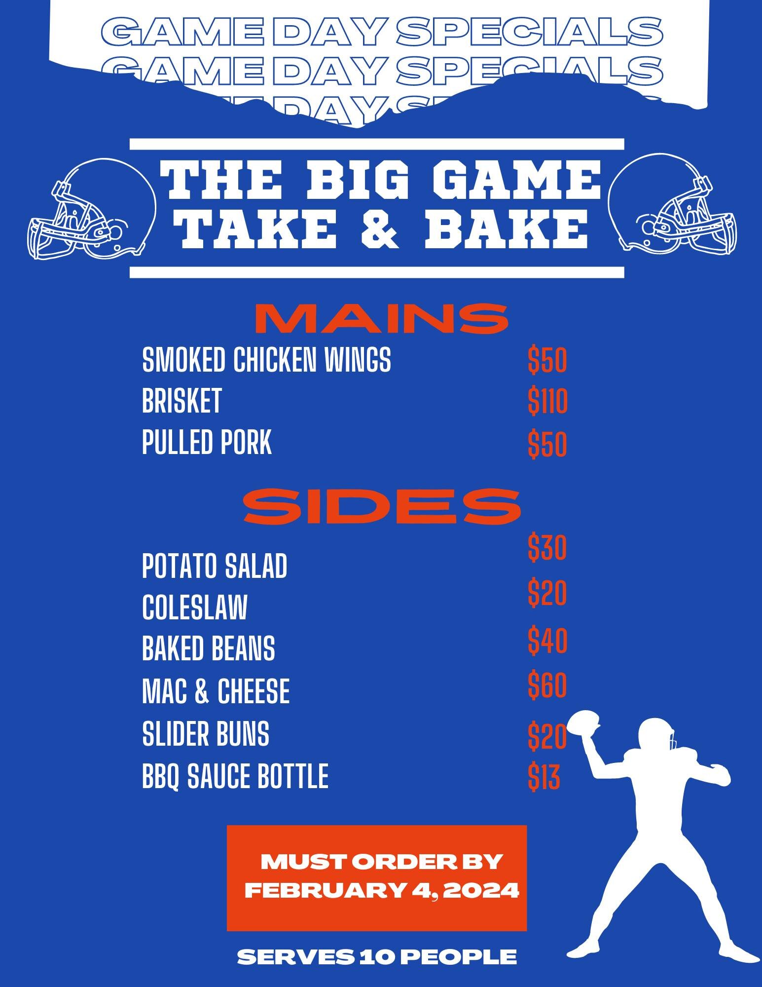 LAST CHANCE! 

Give us a call today to get your Take and Bake reserved for the Big Game! 517-518-8196