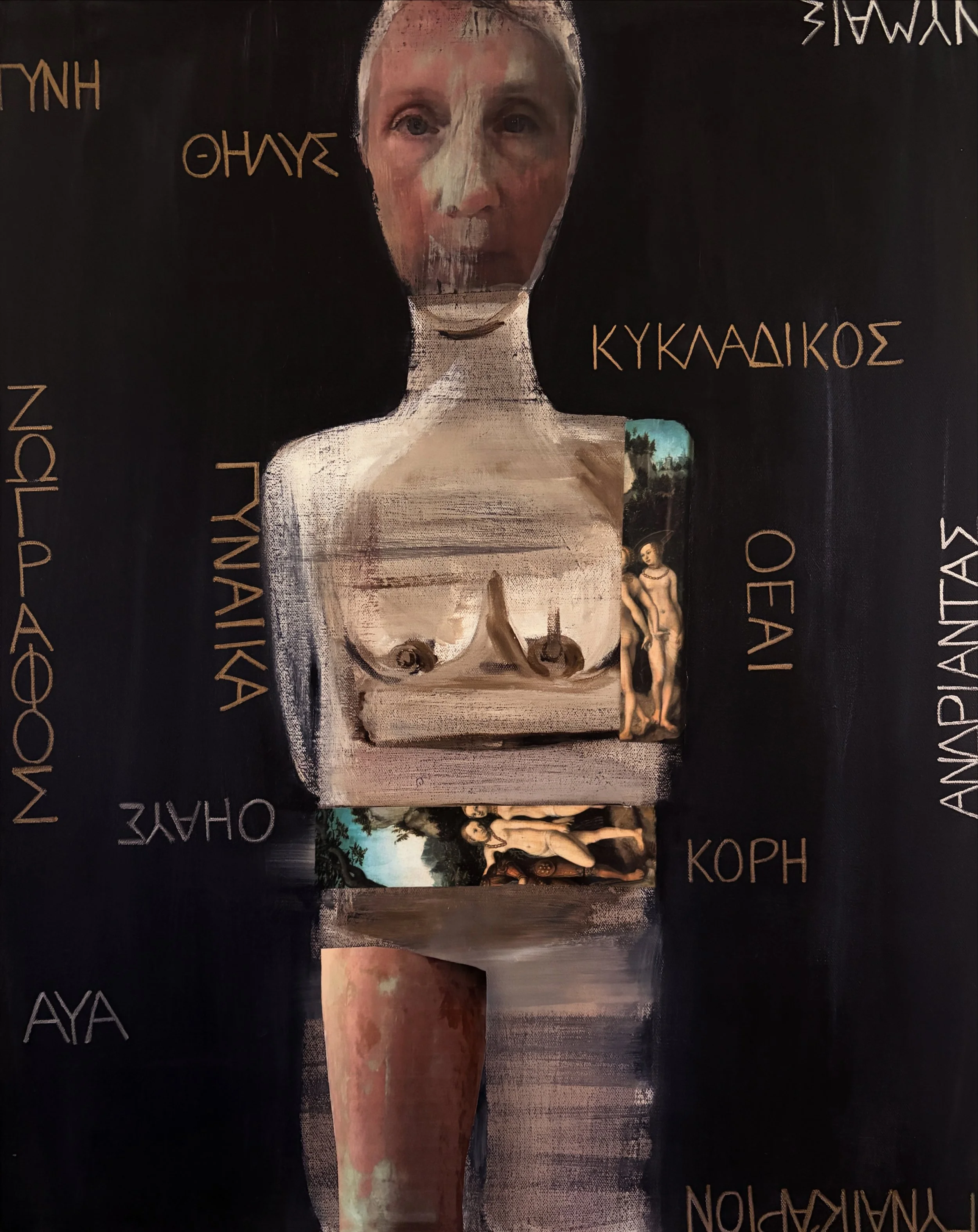Who Buried Me for Thousands of Years, 2026 30"x24" acrylic, textbook pages & photographs on canvas