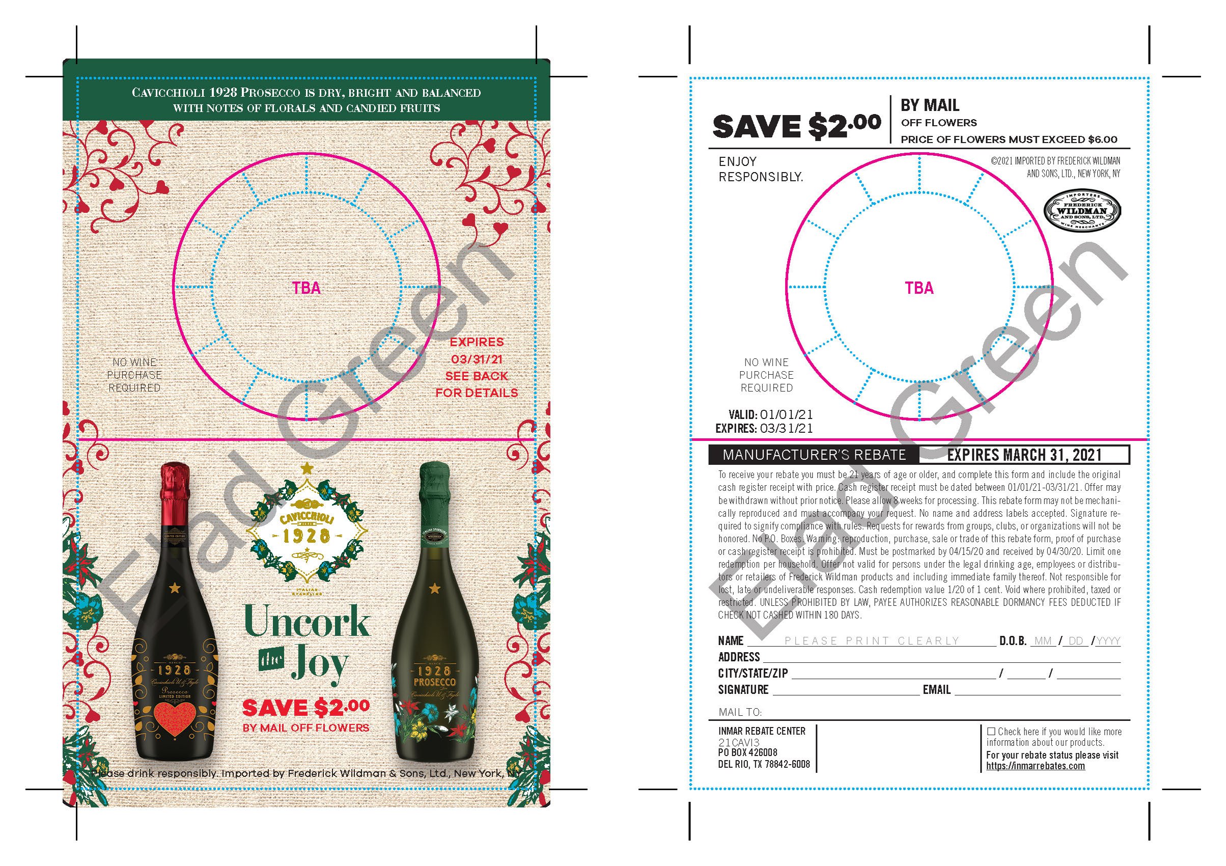 Cavicchioli 1928 Prosecco "Save $2" Holiday Mail-in Rebate bottle necker, 2021