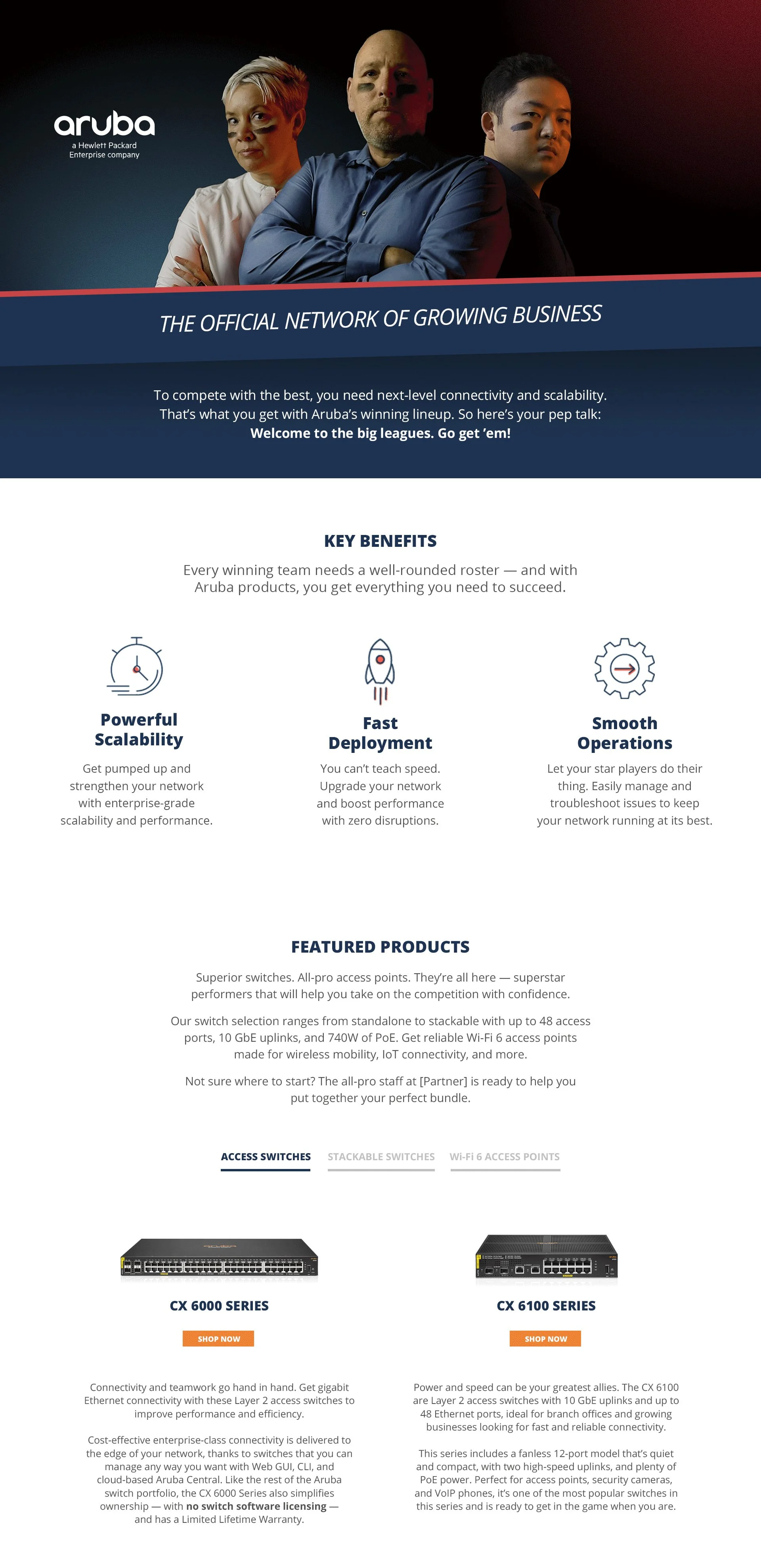 Aruba (HP) SMB "Big Leagues" web landing page, 03/2022.  Part of a complete campaign redesign covering video and web.