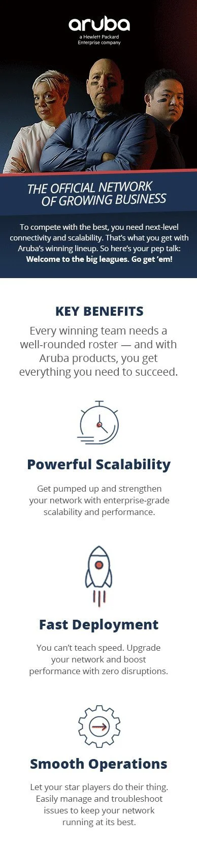 Aruba (HP) SMB "Big Leagues" web landing page, 03/2022.  Part of a complete campaign redesign covering video and web.