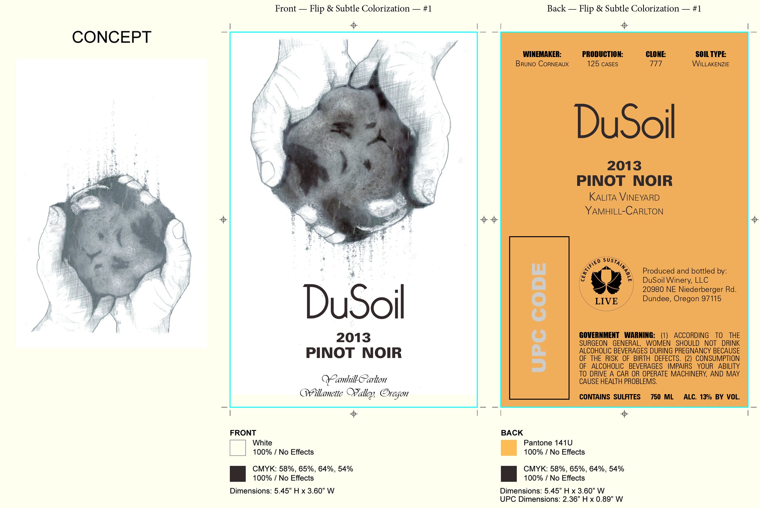 DuSoil Pinot Noir 2013.
Hand-drawn and colorized front label along with back label design, 2014.