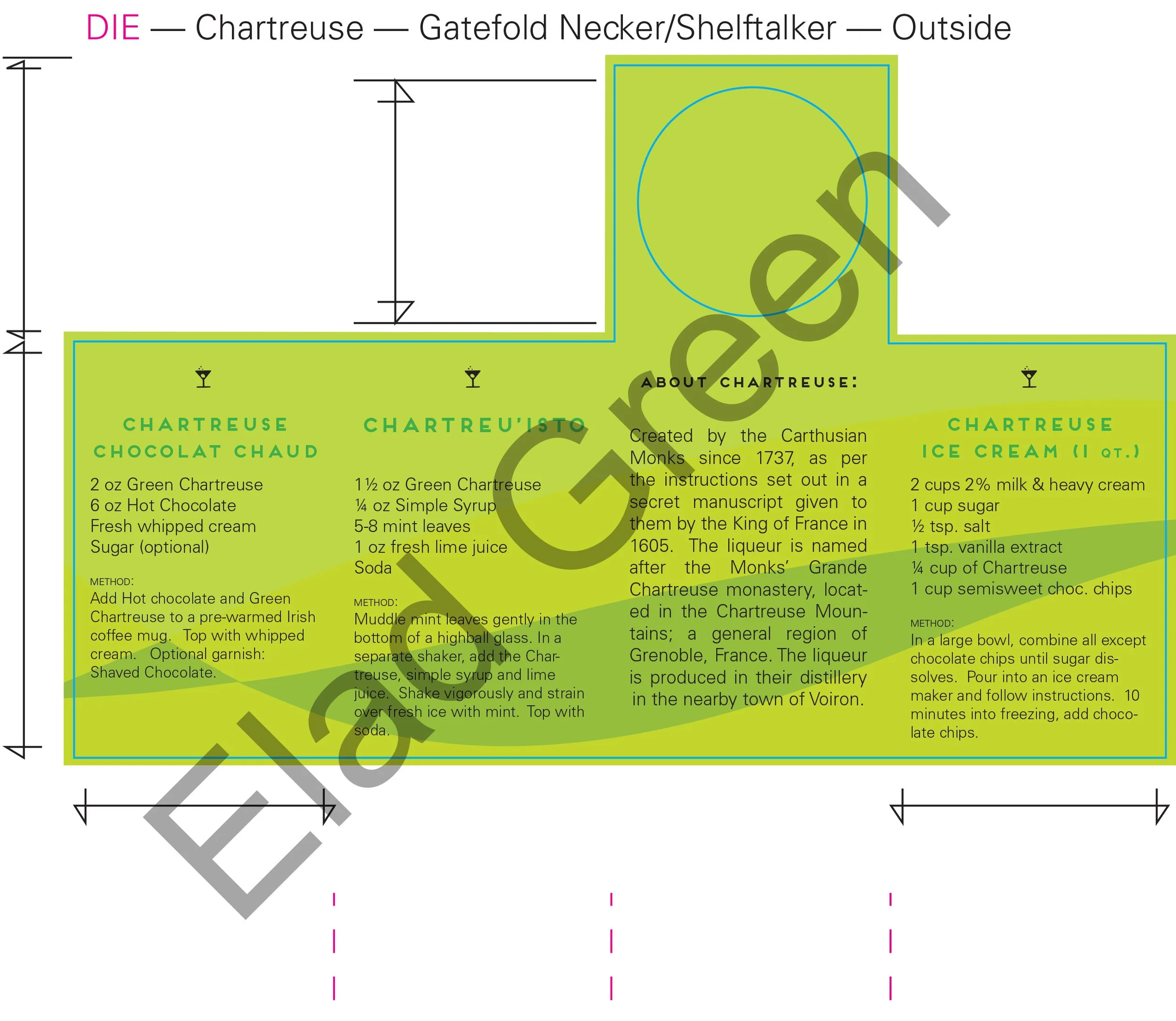 Chartreuse Green gatefold bottle necker with "How to drink Chartreuse" INSIDE, 2016