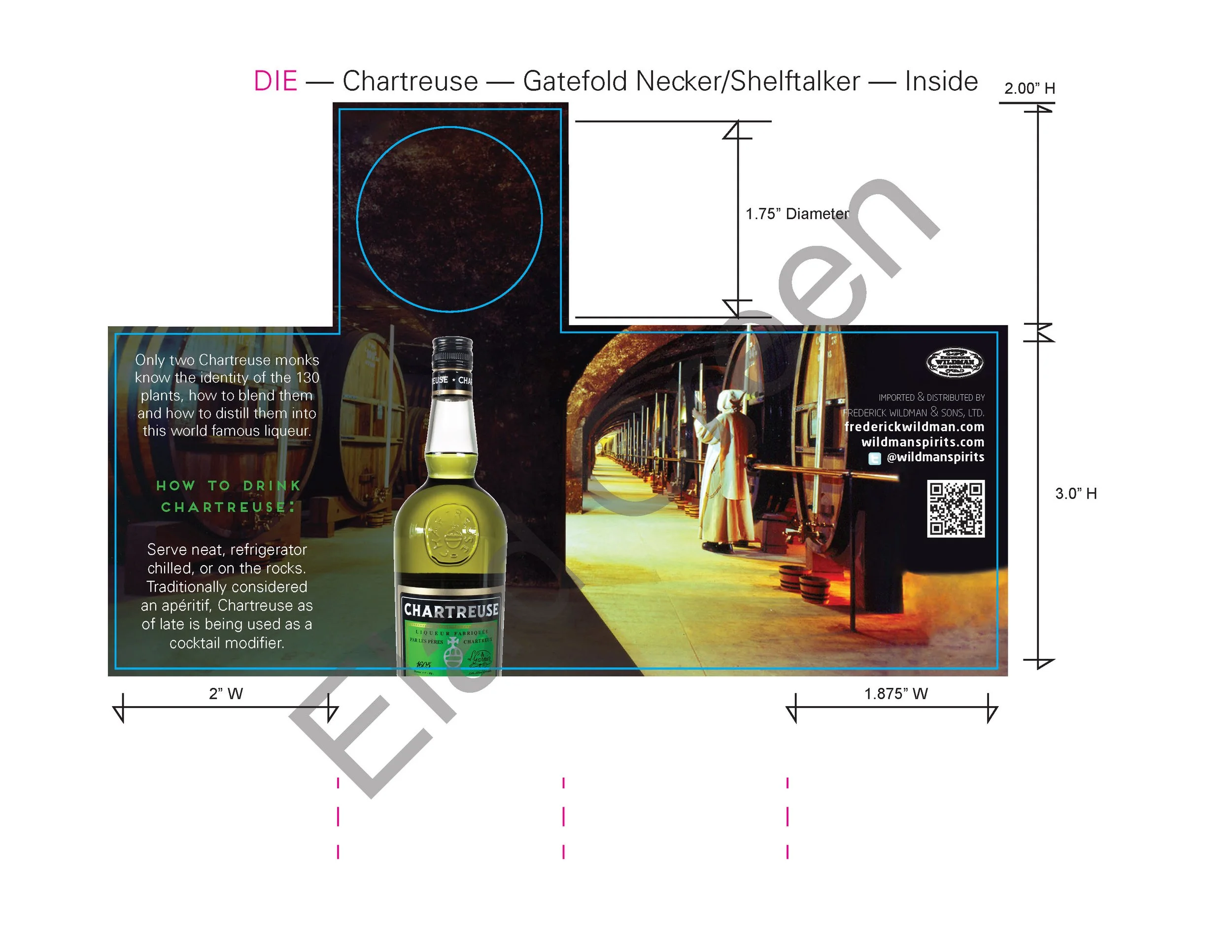 Chartreuse Green gatefold bottle necker with "How to drink Chartreuse" OUTSIDE, 2016