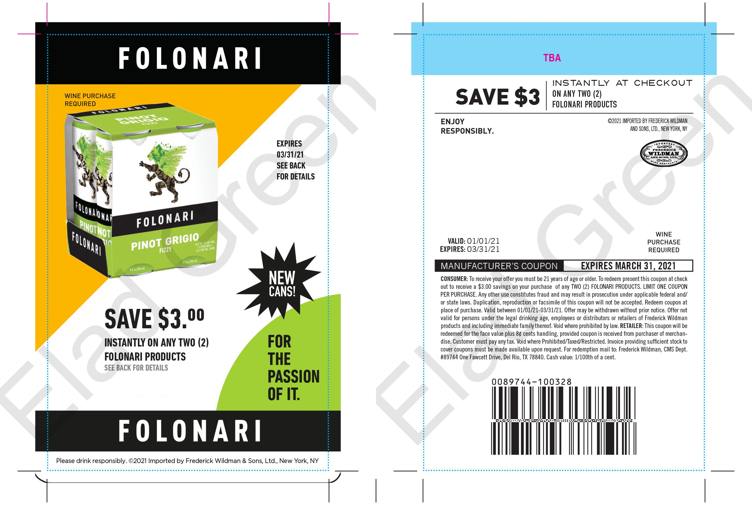 Folonari "Save $3" 4x250ml can sticker Instant Rebate, 2021