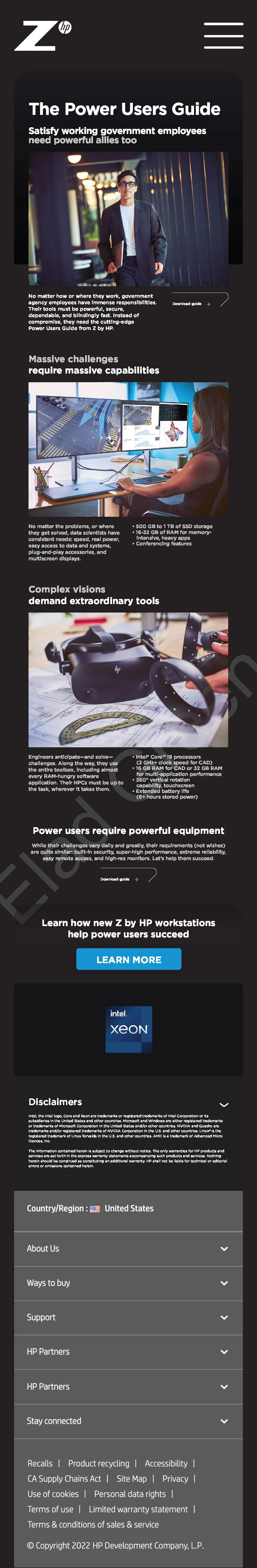 HP Z US "Hybrid Work Guide" ITDM mobile landing page, 01/2022.  As part of the complete rebranding creative for the HP Z US business, including drivers, video, infographics, and ebooks.