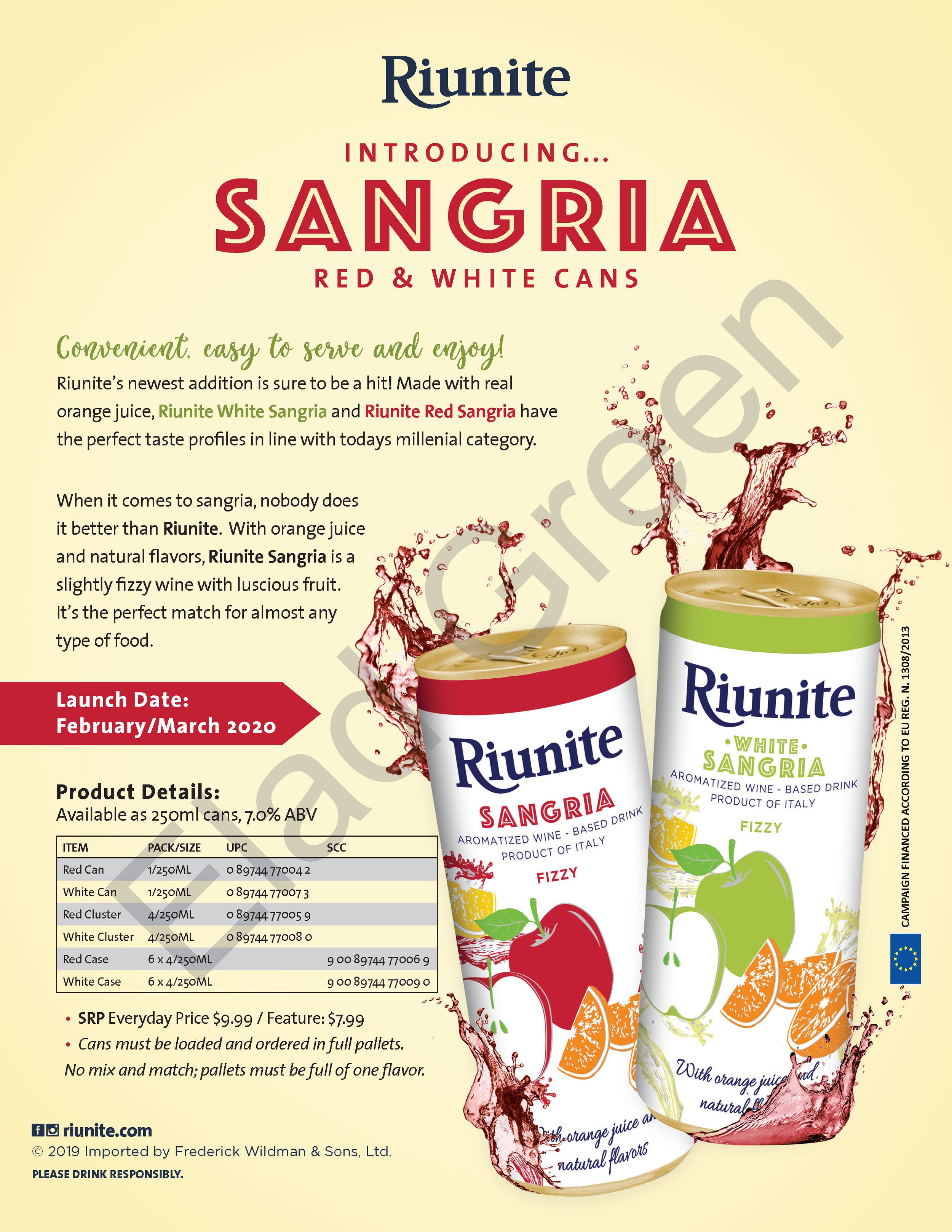Riunite Sangria Cans "Launch" sellsheet, 10/2019