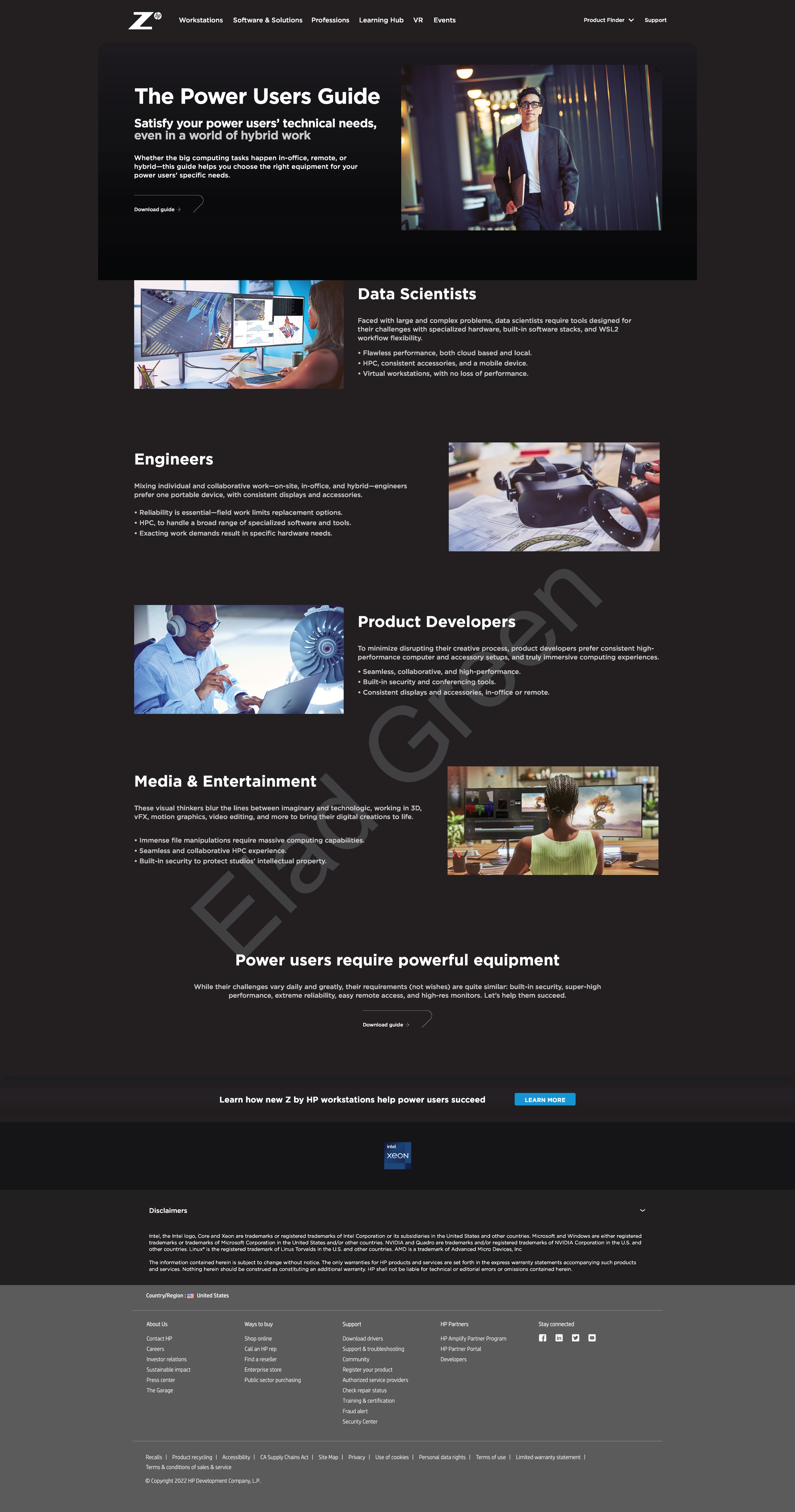HP Z US "Hybrid Work Guide" ITDM web landing page, 01/2022.  As part of the complete rebranding creative for the HP Z US business, including drivers, video, infographics, and ebooks.